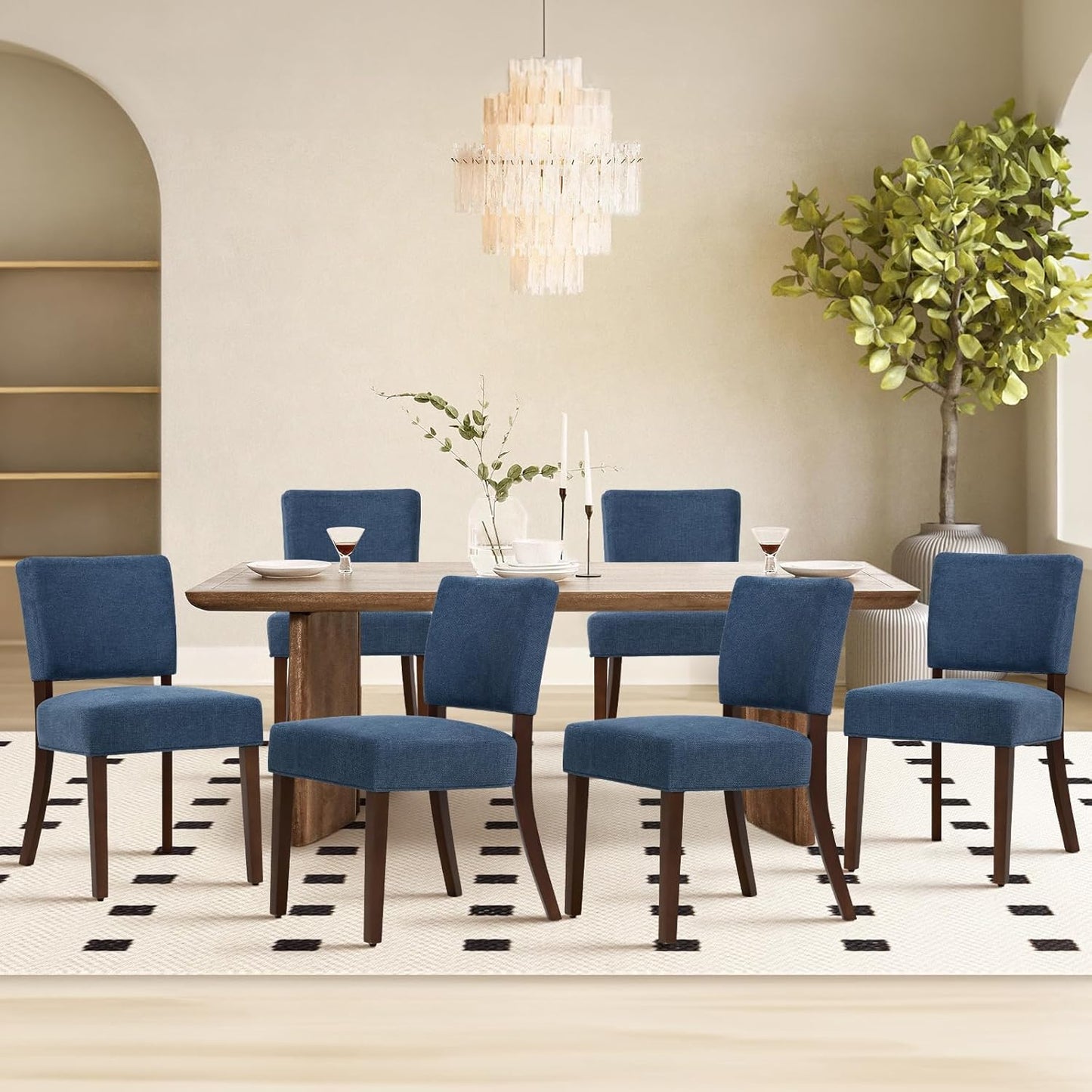 COLAMY Mid Century Modern Dining Chairs Set of 6, Upholstered Kitchen Chairs with Back, Farmhouse Fabric Side Dining Room Chairs with Wood Legs for Dining Room Kitchen Restaurant, Blue