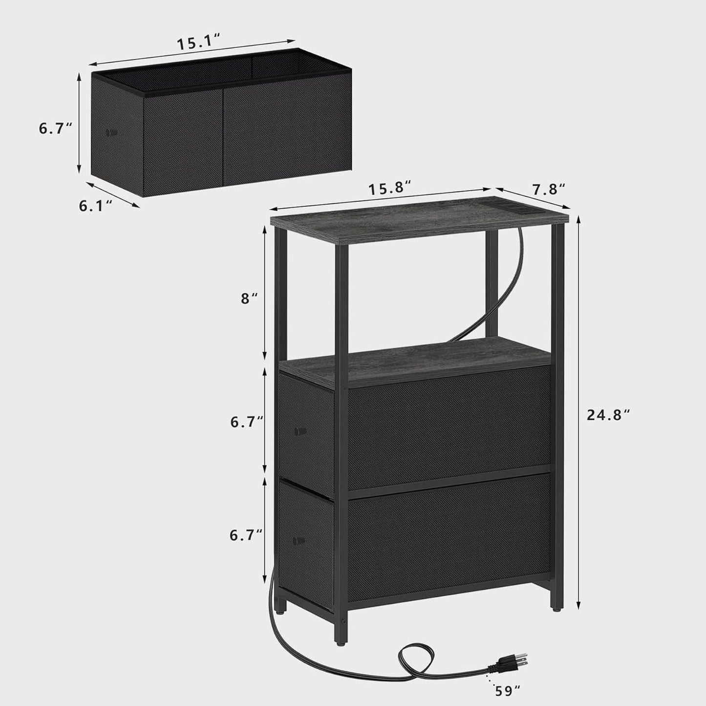 TUTOTAK Small Narrow LED End Table with Charging Station, Side Table Outlets, Nightstand with 2 Cloth Drawers, Set of 2, Couch Table, for Living Room, Bedroom, Bedside, Charcoal Grey TB01BY056