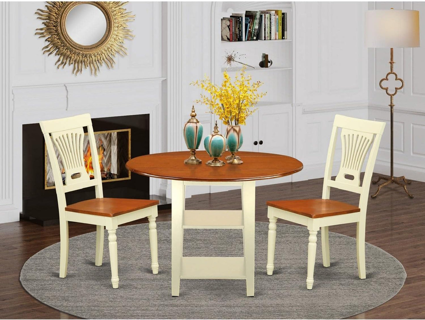 East West Furniture SUPL3-BMK-W 3 Piece Kitchen Table & Chairs Set Contains a Round Dining Room Table with Dropleaf & Shelves and 2 Solid Wood Seat Chairs, 42x42 Inch, Buttermilk & Cherry
