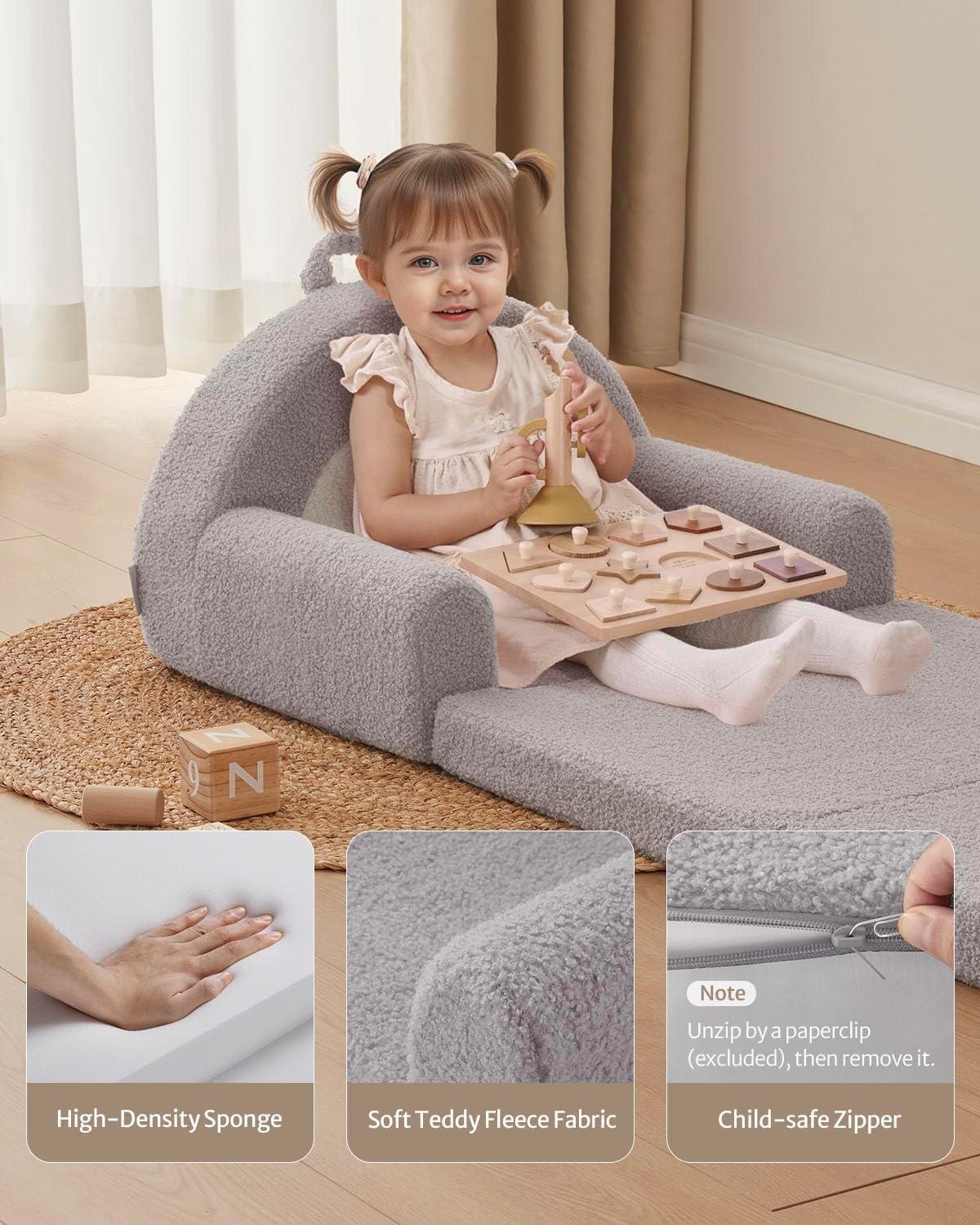 Blissful Diary Foldable Toddler Couch, 2-in-1 Comfy Toddler Chair & Lounger for Reading, Nap, Playroom, Kids Couch Sofa for 1 2 3+ Year Old Girls Boys Birthday Gift, Light Gray Arclet