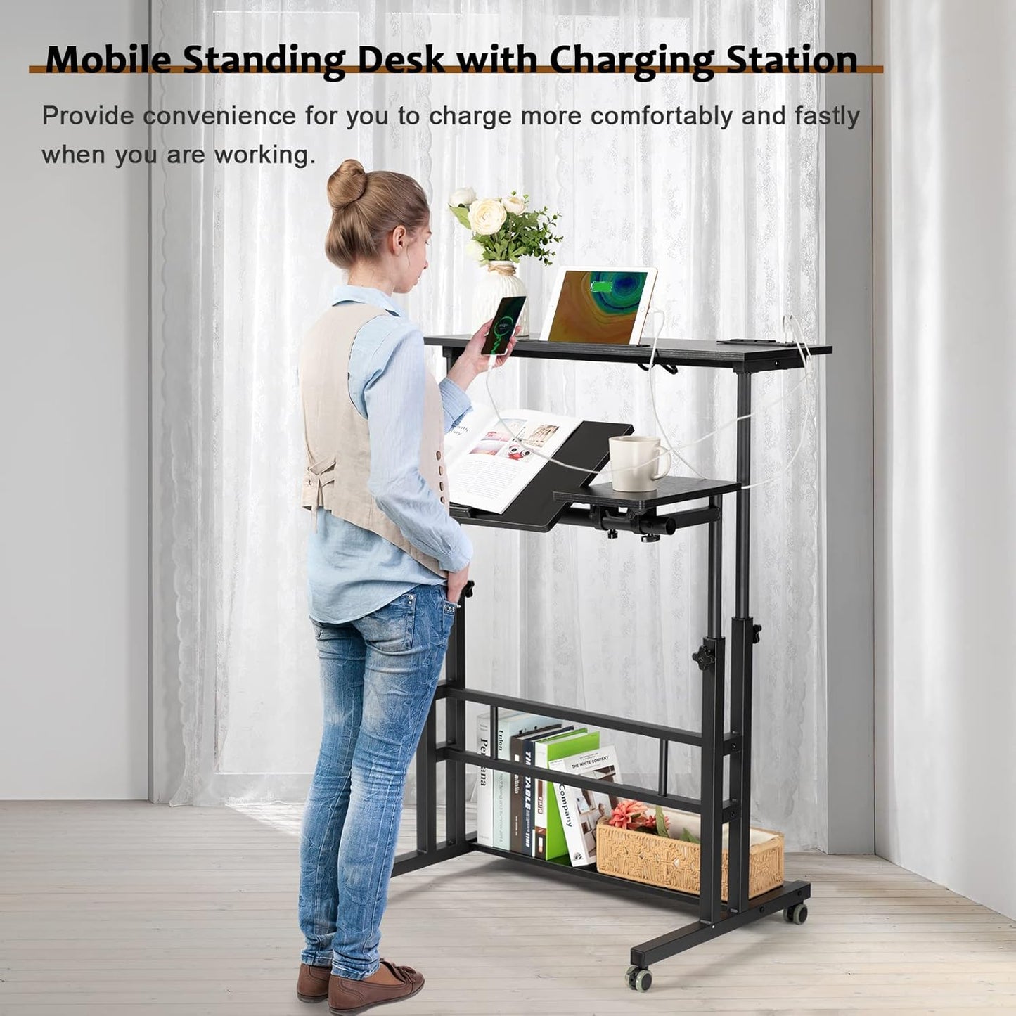 Hadulcet Stand Up Desk, Rolling Desk Adjustable Height, Mobile Standing Desk with Wheels & Charging Station, Portable Stand for Laptop, Rolling Computer Cart TV Tray, Small Standing Desk Drawing Table