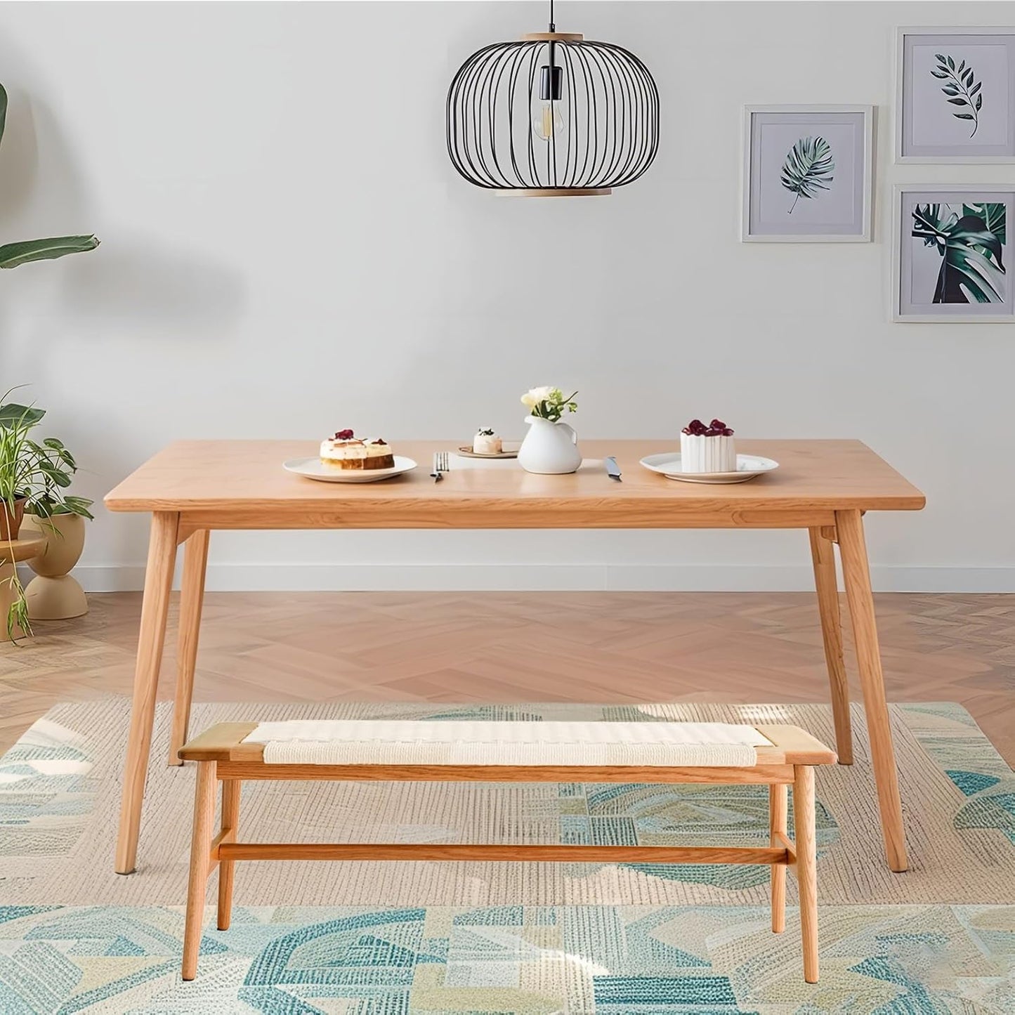 Solid Wood Entryway Bench, Wooden Dining Benches for 2, End of Bed Bench w/Hand-Woven Rope for Bedroom Kitchen Dining Room Living Room Entry Décor (White Rope, 31.49" L)