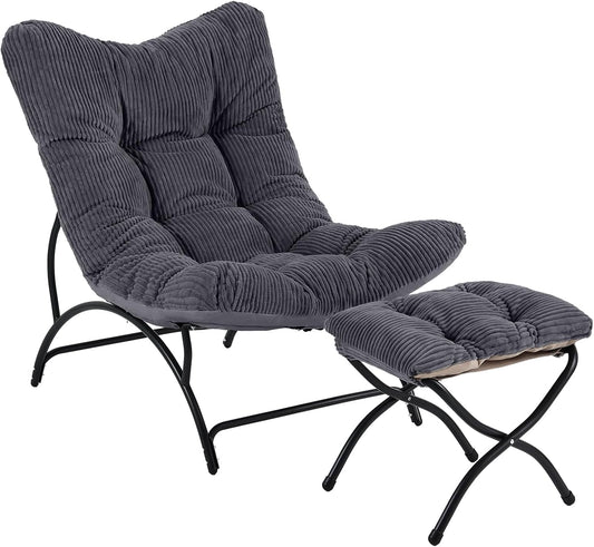 Welnow Accent Chair with Ottoman, Lounge Comfy Soft Leisure Metal Frame Reading Chair with Footrest, Upholstered Thick Cushion Seated Recliner Sofa for Living Room, Bedroom, Dorm, Dark