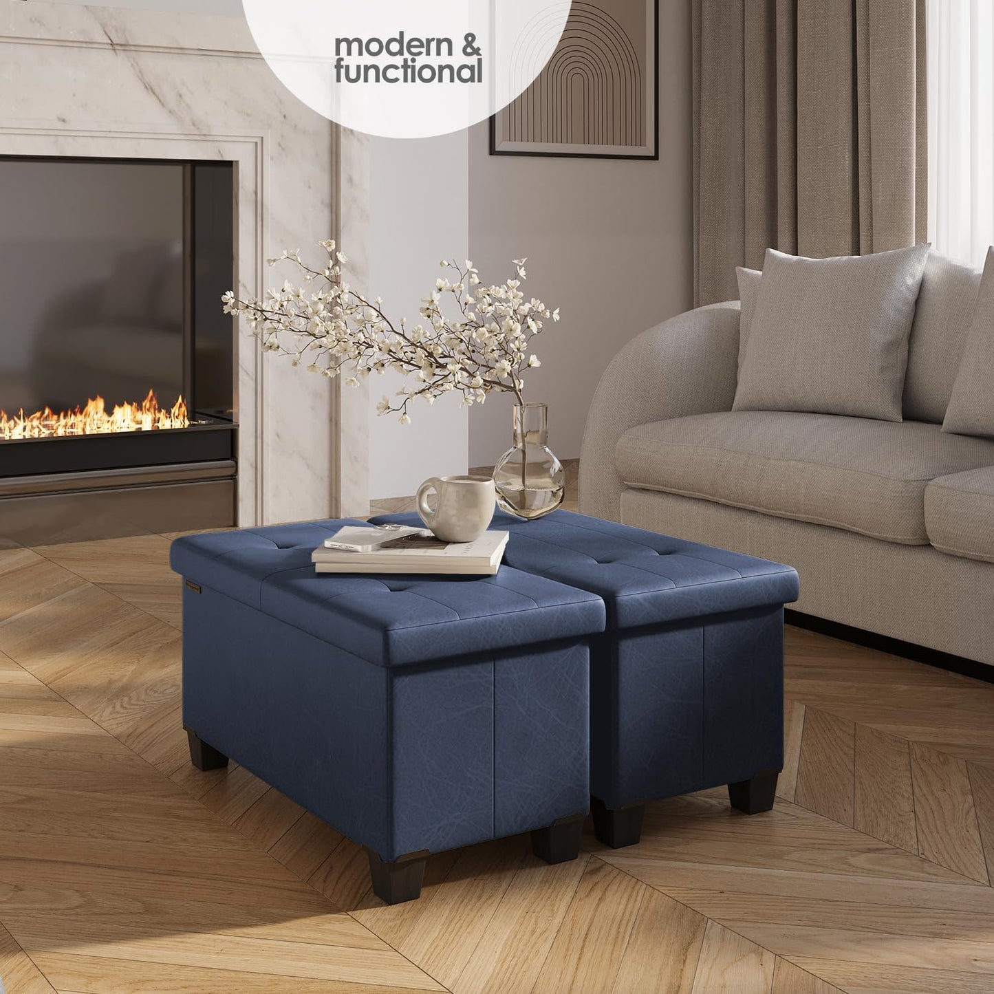 STORAGEBUD Storage Ottoman Bench with Bins, 30-in Storage Bench for Bedroom End of Bed, Folding Foot Rest Ottoman for Living Room Max 660lbs, Faux Leather Ottomans, Blue