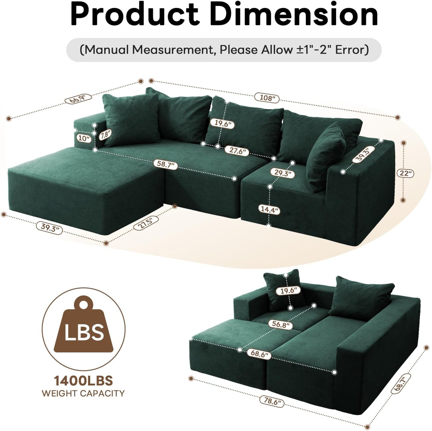 Vamcheer Modular Sectional Sofa with Chaise, Modern L Shaped Cloud Couch with Deep Seat, Sectional Couches for Living Room, Bedroom, Office, No Assembly Required, Green