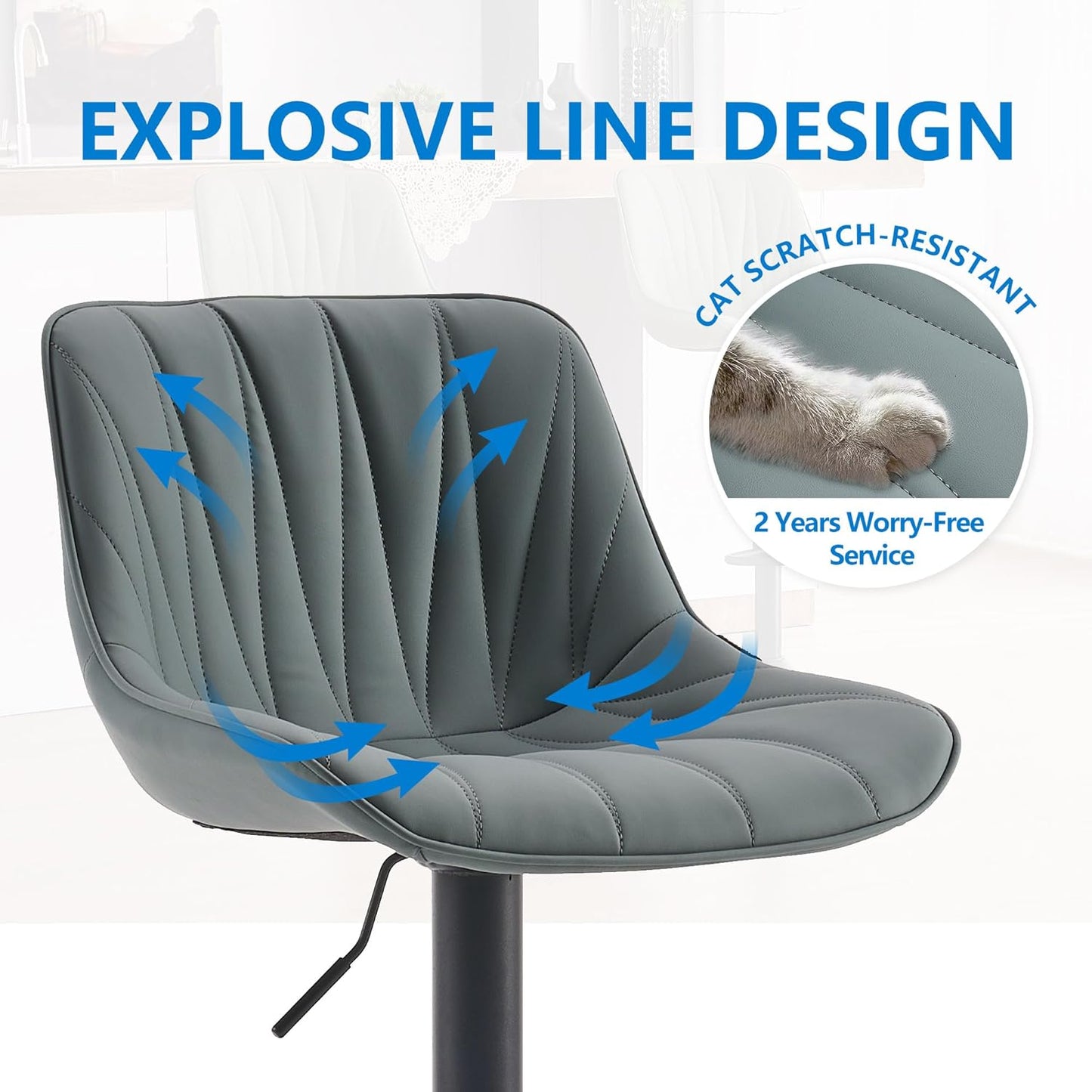 YOUNIKE Bar Stools Set of 2 for Kitchen Island, Greyblue Swivel Tall Barstools, Adjustable Bar Stool with Back, Leather Padded Bar Chairs, Modern Counter Height Stools with 300LBS Support