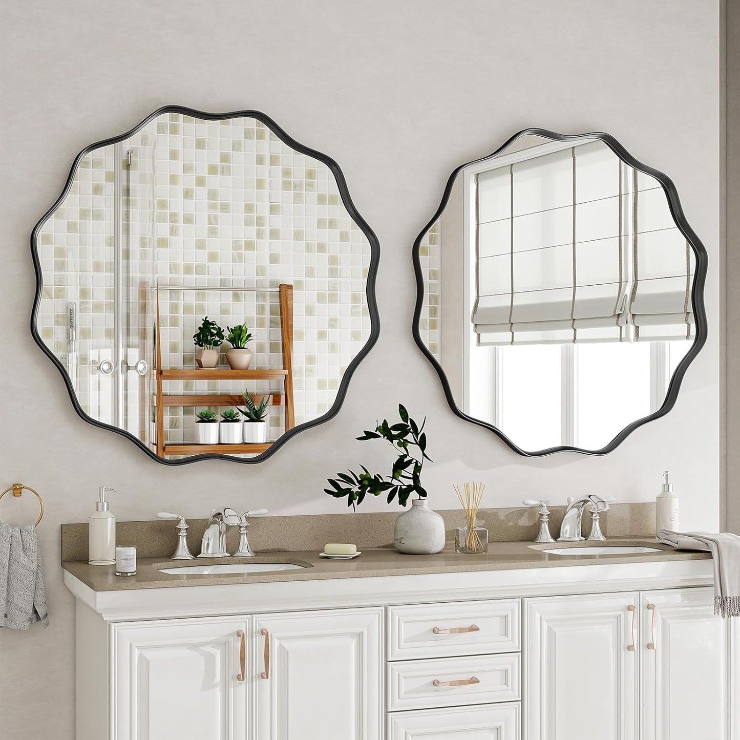 Round Wavy Mirror, 24 Inch Metal Frame Circle Mirror, Round Wall Mounted for Entryway, Bathroom, Vanity, Living Room, Black