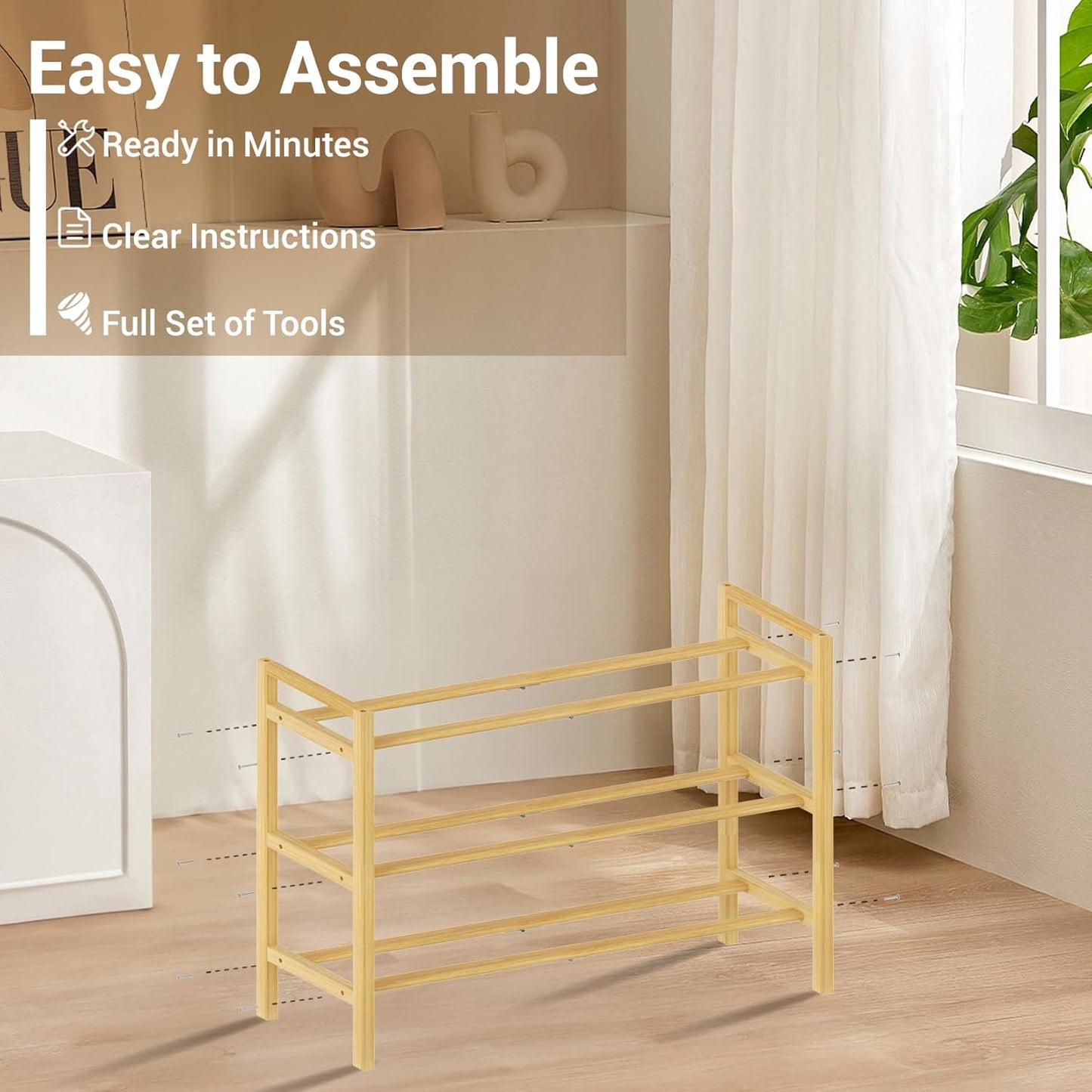 Haddockway Bamboo Shoe Rack for Closet, Free Standing Shoe Organizer with Smooth Round Rods & Convenient Handles, Stackable Shoe Storage Shelf for Entryway, Hallway(Natural, 3-Tier)