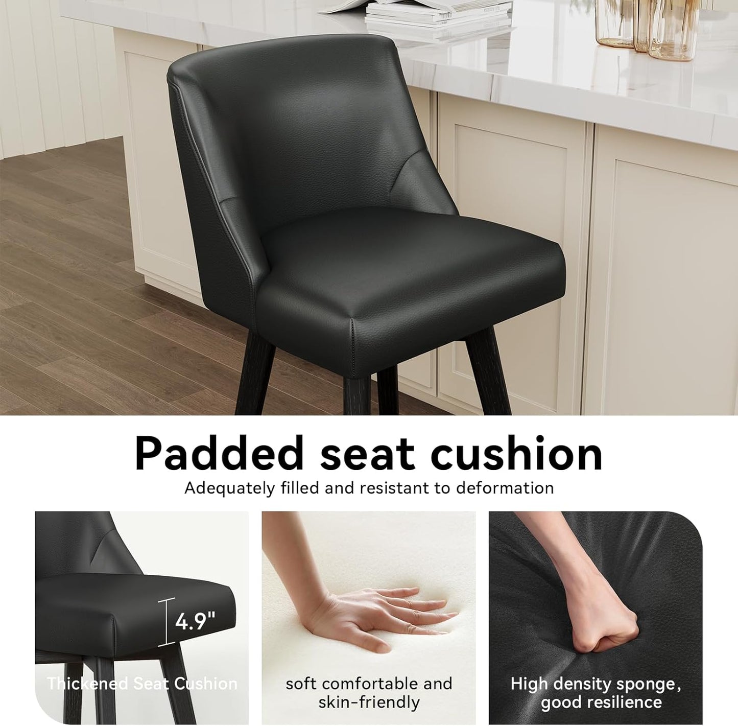 Vipbear Swivel Counter Height Bar Stools Set of 6,26.8" H Counter Stools with Back, Mid Century Modern Bar Stools for Kitchen Island,Faux Leather,Wooden Base, Black