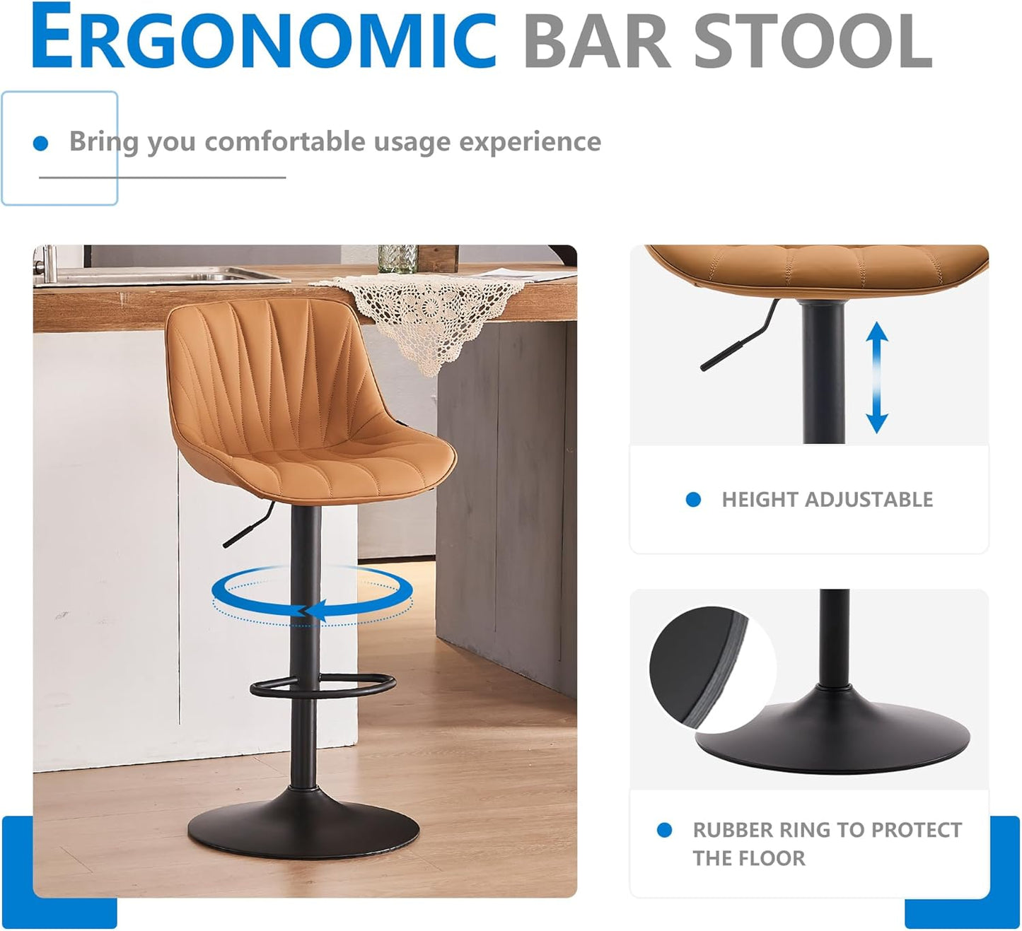 YOUNIKE Saffron Bar Stools Set of 2, Tan Swivel Barstools for Kitchen Island, Adjustable Leather Padded Bar Chairs with Back, Modern Counter Height Stools with 300LBS Support