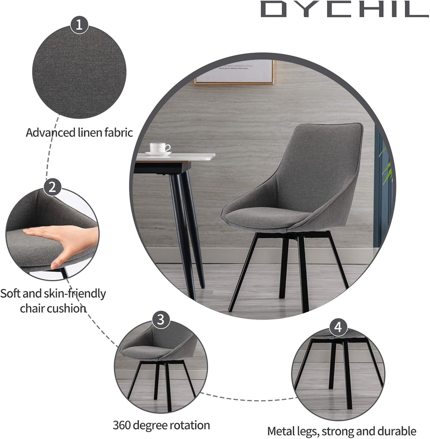 Dining Chairs Set of 2 Dark Grey Living Room Chairs Fabric Upholstered Kitchen Chairs,Loads Up to 270lbs,Quick Assembly,Swivel Dining Chair