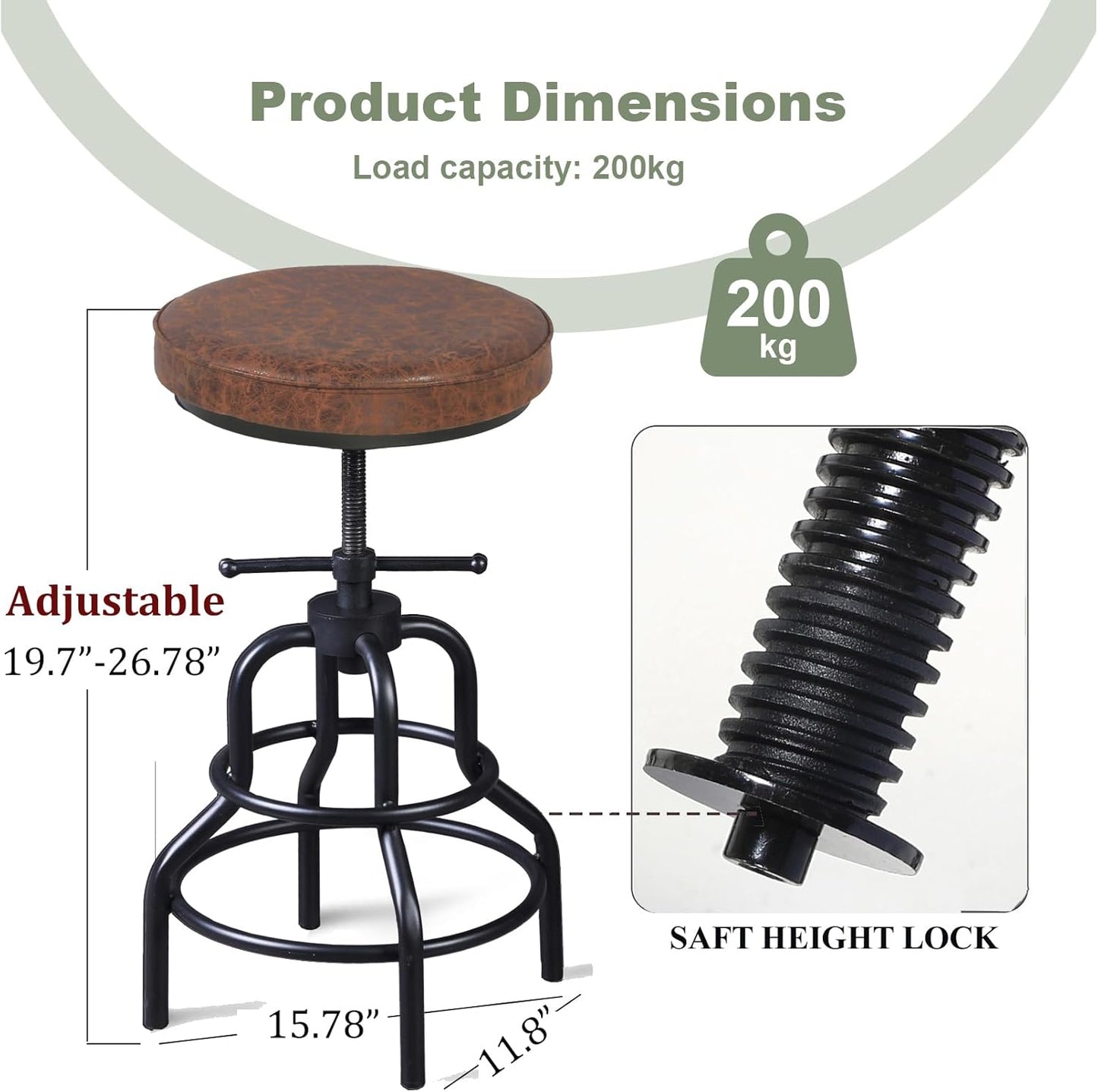 LOKKHAN Industrial Bar Stools-Swivel Leather Metal Bar Stool-20-27 Inch Tall Counter Height-Adjustable Kitchen Stool Dining Chair Cafe Stools (Set of 2)