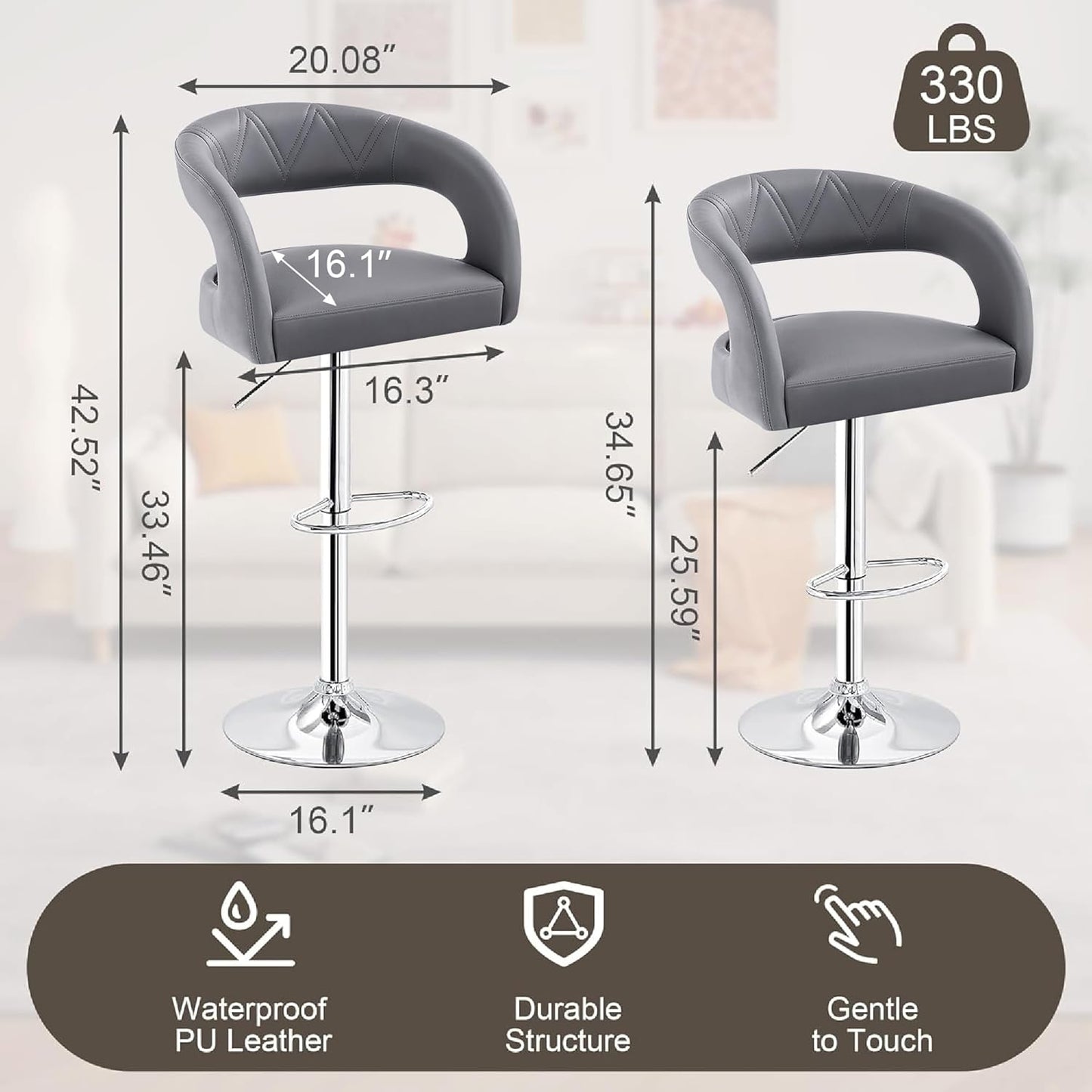 VECELO Bar Stools Set of 2 Adjustable Swivel Modern Pu Leather Barstools, Counter Bar Stools with Back and Arms, for Kitchen, Bar (Light Gry)