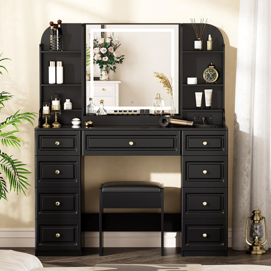 43" Makeup Vanity Desk with Mirror and Lights, & Power Outl, Glass Top Big Vanity Table with 9 Drawers& 8 Storage Shelves, Dressing Table Set with Chair for Bedroom, Black