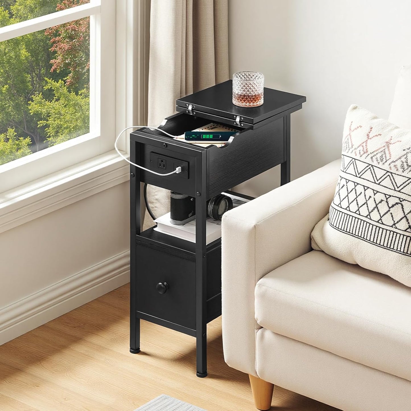 HOOBRO End Table with Charging Station, Flip Top Narrow Side Table with Storage Drawer, Slim Nightstand Bedside Tables with Shelves, for Small Space, Living Room, Bedroom, Black BK343UBZ01G1