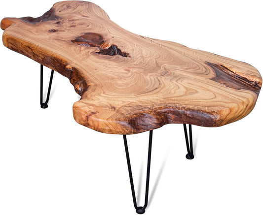 Natural Wood Edge Contemporary Coffee Cocktail Table, Live Edge Coffee Table,Living Room Coffee Table with Clear Lacquer Finish and Metal Hairpin Legs,Unique Desktop