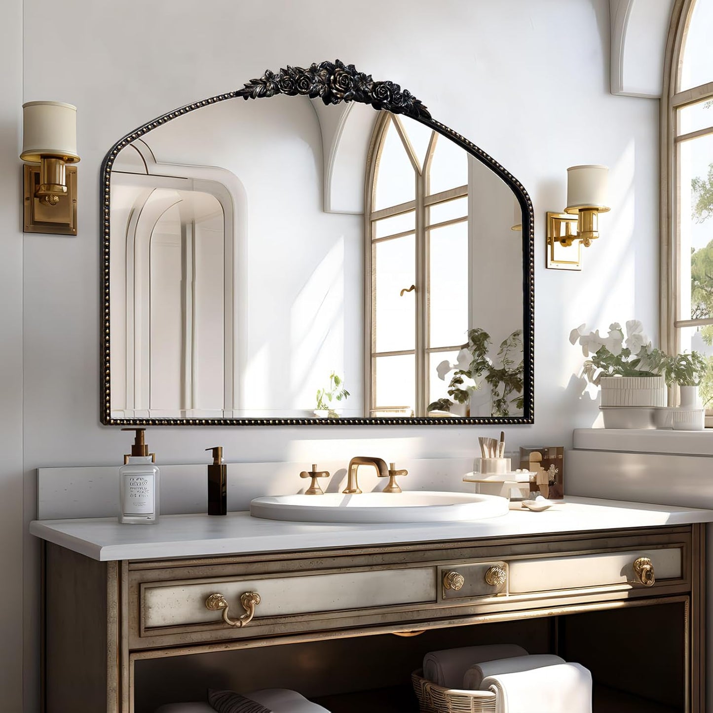 Black Brushed Gold Antique Mirror, 40"x31", Traditional Vintage Mirror with Ornate Metal Frame, Baroque Style for Fireplace, Entryway, Bathroom, Living Room, Hallway