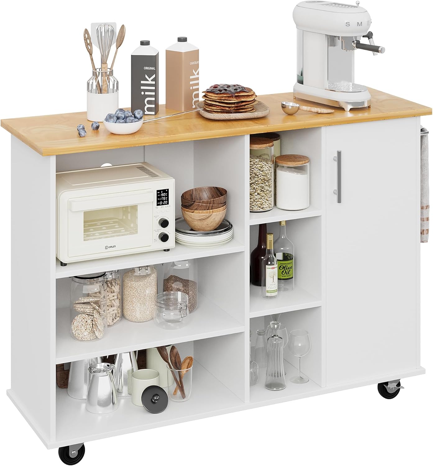 Shintenchi 47”W Kitchen Storage Island Cart with 6 Open Shelves and 1 Cabinet, Portable Trolley Cart with Wood Work Top and Handle/Towel Rack, White