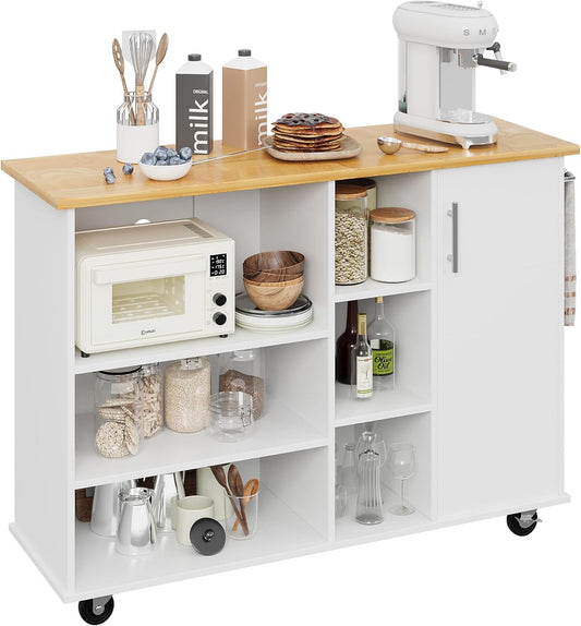 Shintenchi 47”W Kitchen Storage Island Cart with 6 Open Shelves and 1 Cabinet, Portable Trolley Cart with Wood Work Top and Handle/Towel Rack, White