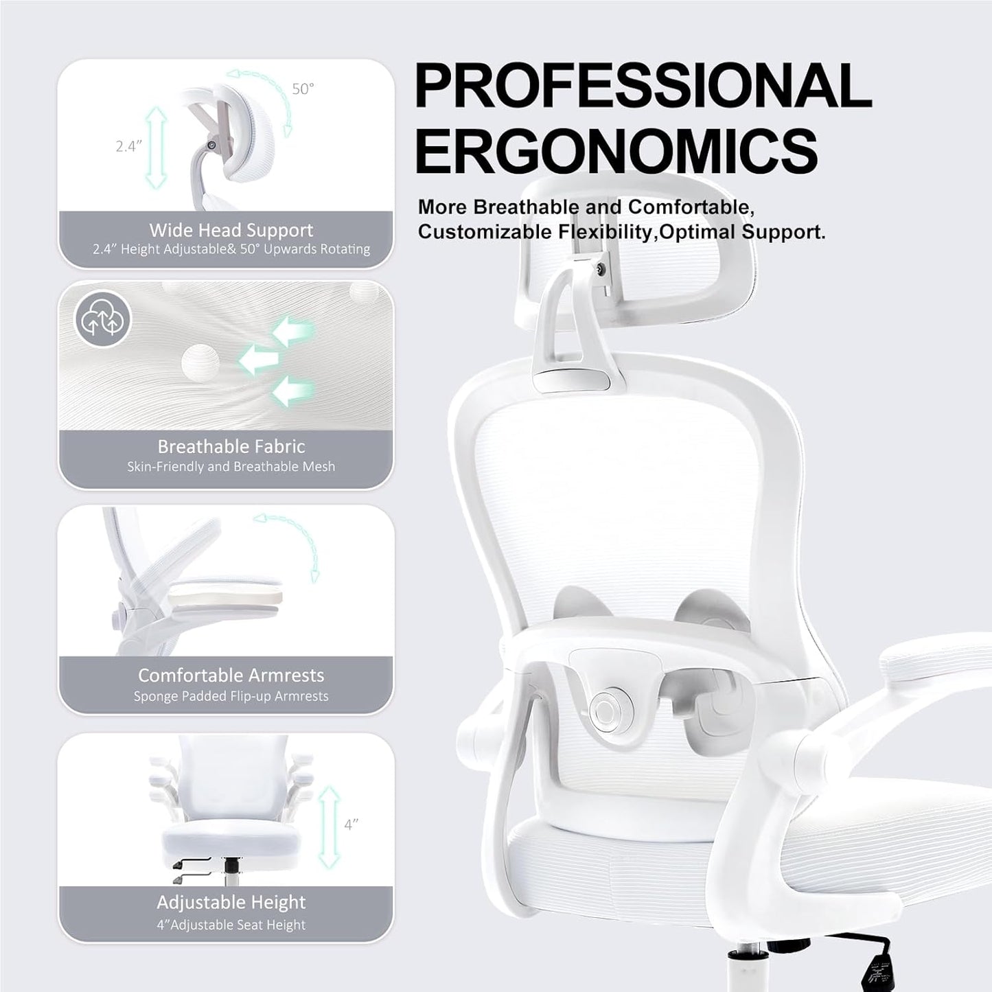 Ergonomic Office Chair,Ultra Thick Office Desk Chair with Adjustable Lumbar Support and Headrest,Spring Cushion,Rocking Function,Flip-up arms,Mesh Computer Chair for Home Office,White