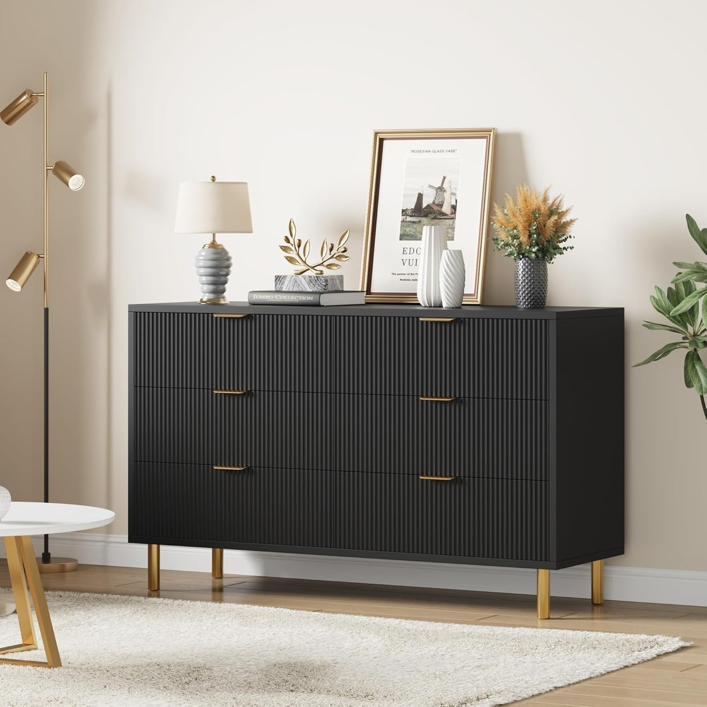 GarveeHome Black Dresser, Modern 6 Drawer Dresser for Bedroom with Gold Handle and Large Drawer, Wood Double Chest of Drawers and Storage Organizer for Living Room, Hallway, Entryway