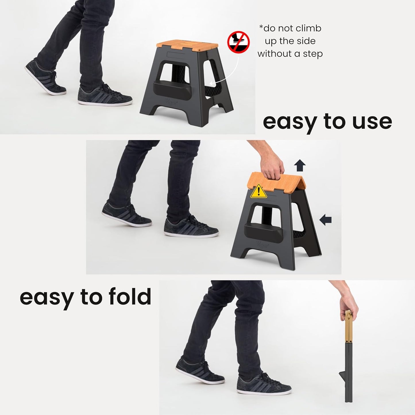 Vigar Compact Step Stool Foldable, 16-inch Two-Step Stools for Adults up to 330 Pound, Lightweight Stool, Non-Slip Folding Step Stool, Black, Bamboo Print on Top