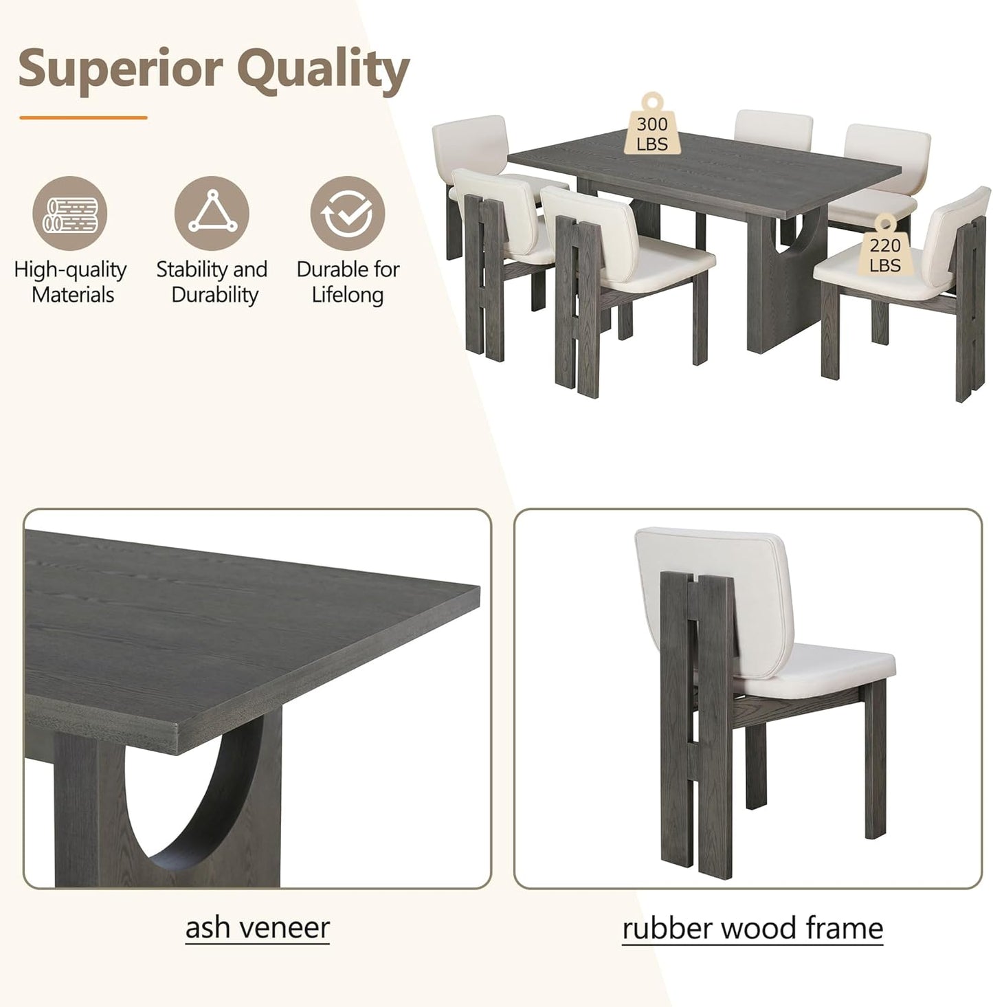 Ball & Cast 7-Piece Dining Table Set for 6 People, 59" Wood Dining Kitchen Table & Chairs Set, Dining Room Table with Trestle Base and 6 Upholstered Chairs, Perfect for Dining Room,Grey