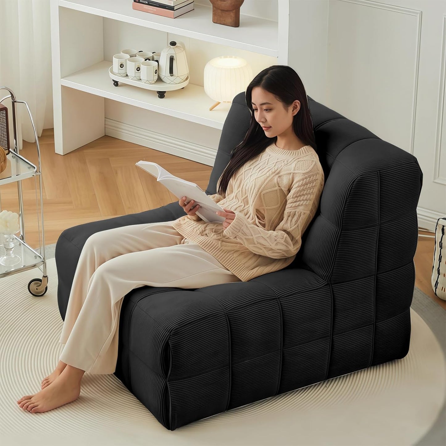 Bean Bag Chair - Memory Foam Bean Bag Chair for Adults, Comfy High-Resilience Single Sofa, Small Space Floor Chair, Chaise Lounge for Living Room, Bedroom (Black, Square)