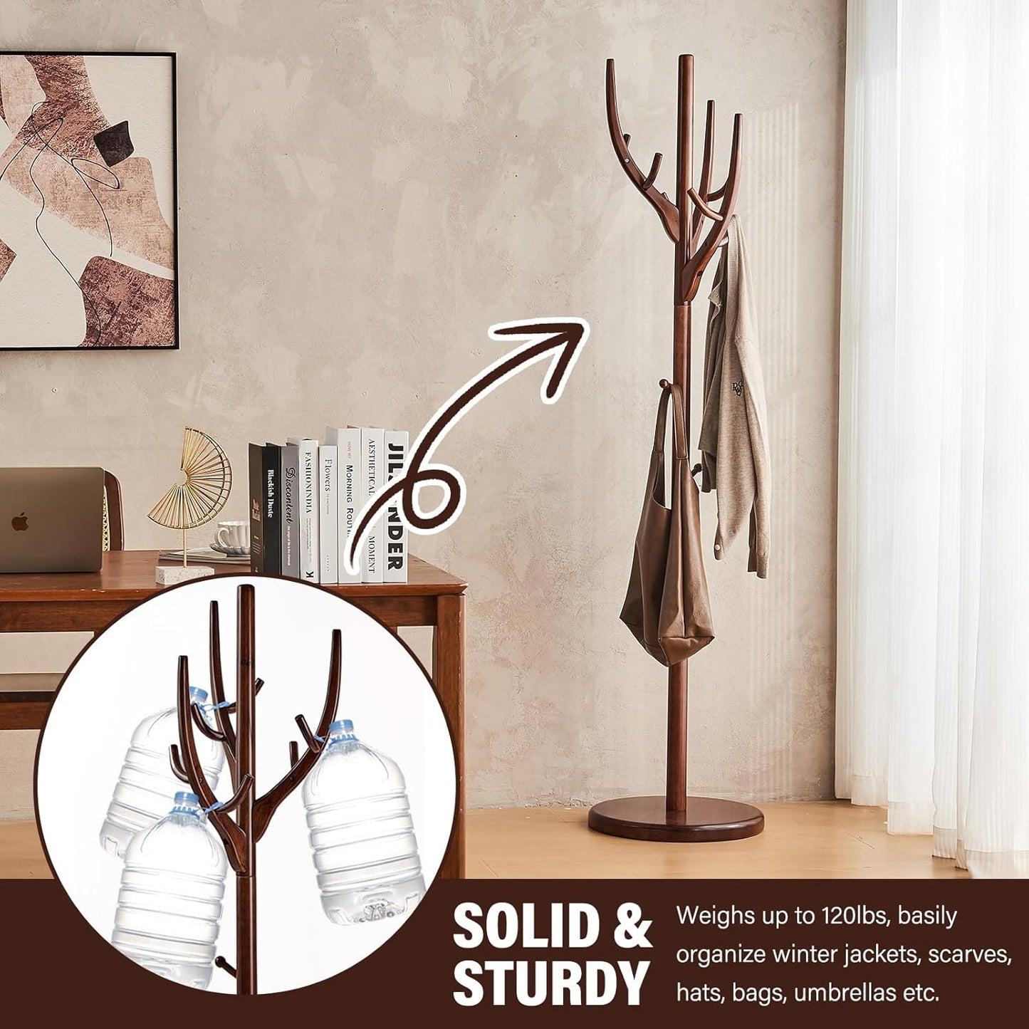 CozyDH Coat Rack Freestanding Solid Wood Coat Rack Stand, Coat Tree Freestanding with 12 Hooks Creative Tree Branch-look for Entryway, Hallway, Bedroom (Walnut)