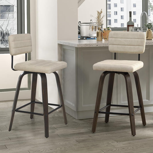 Swivel Bar Stools Set of 2, Counter Height, Wooden Frame, PU Leather Cushions, Beige