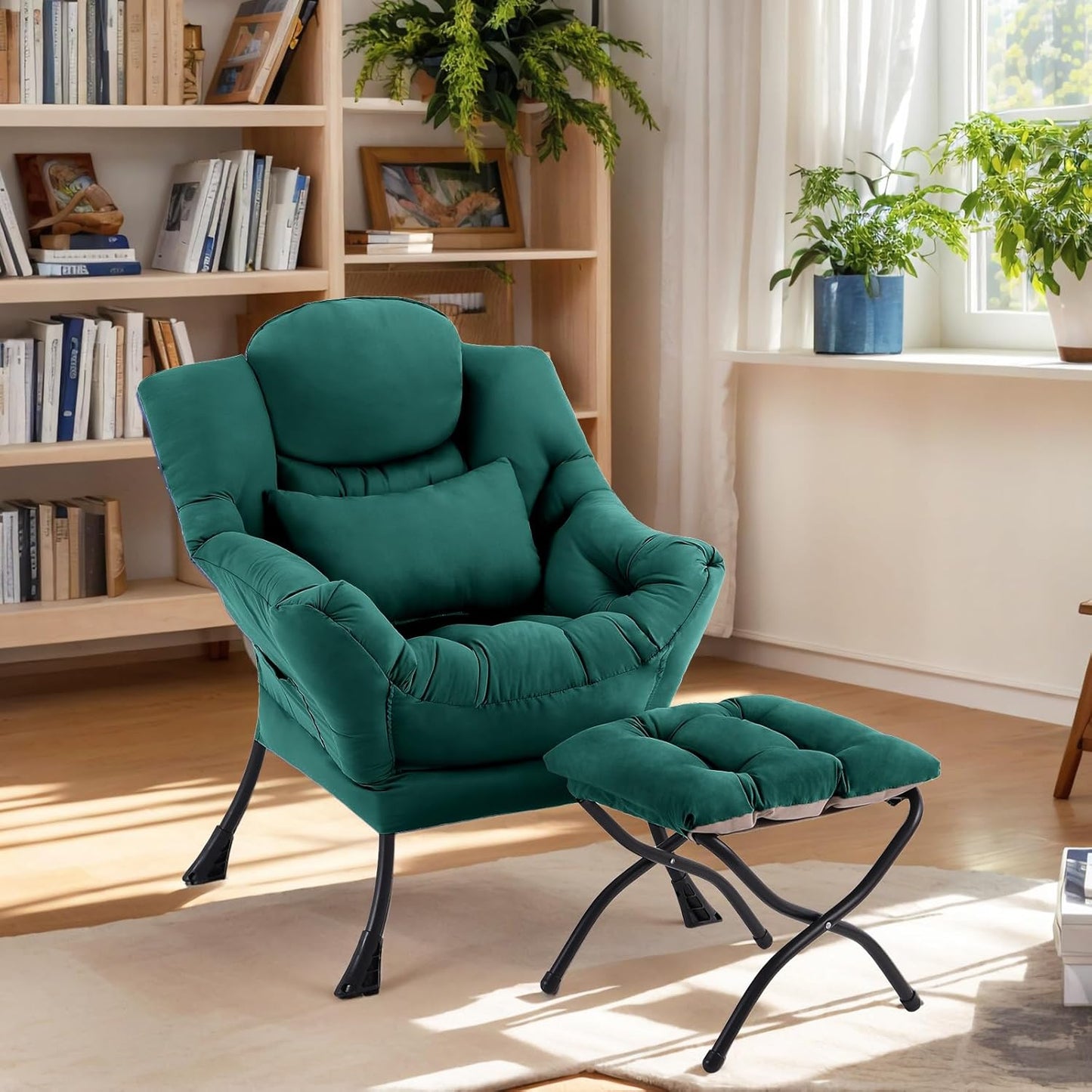 Lazy Chair with Ottoman, Comfy Fabric Accent Lounge Arm Chair with Lumbar Pillow and Folding Footrest, Reading Leisure Sofa Aimchair for Bedroom, Living Room, Dorm,Dark Green