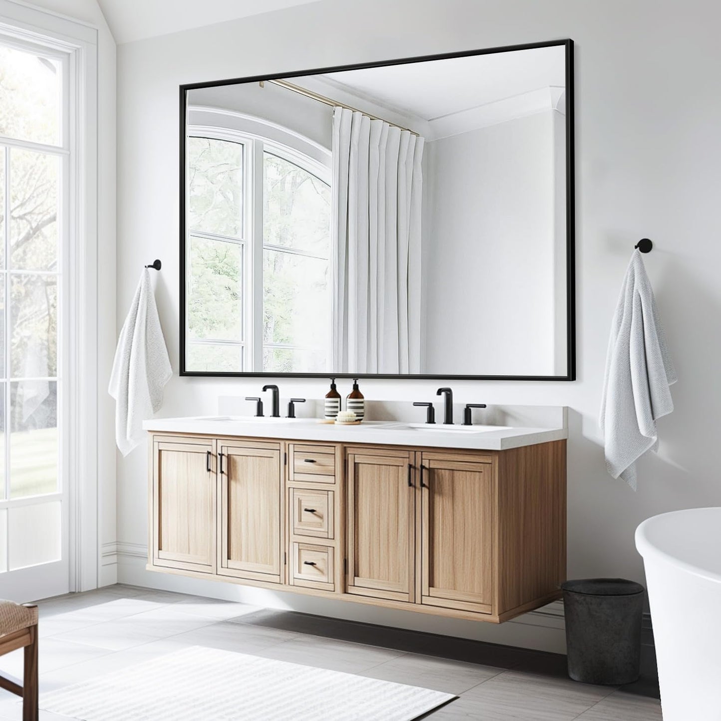 Bathroom Mirror, 55" x 36" Wall Mirror, Rectangular Aluminum Alloy Frame Contemporary Hanging Mirror for Living Room Bathroom, Black Rectangle Corner