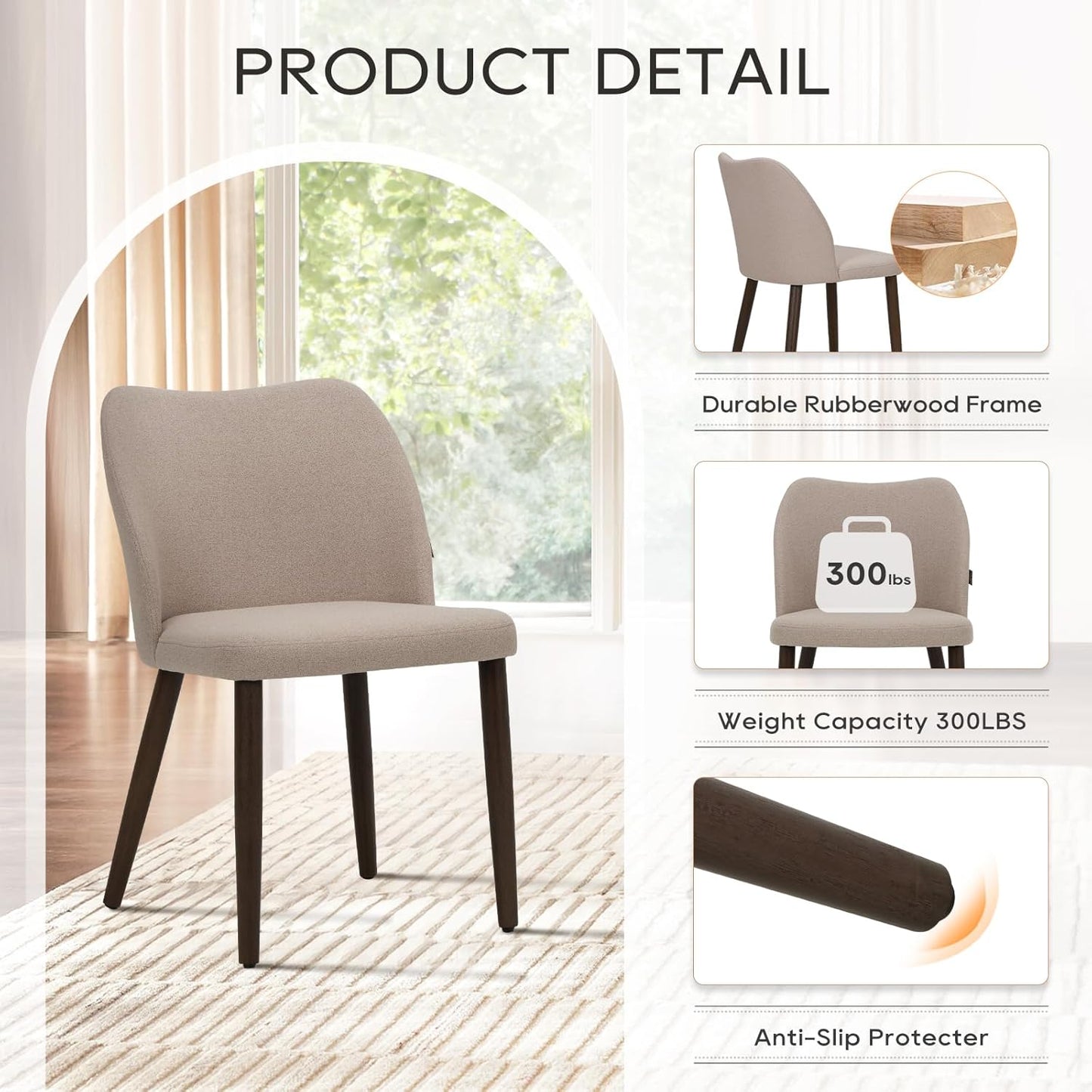 COLAMY Upholstered Dining Chairs Set of 4, Fabric Dining Room Kitchen Chairs with Padded Seat and Wood Legs for Restaurant/Cafe, Camel