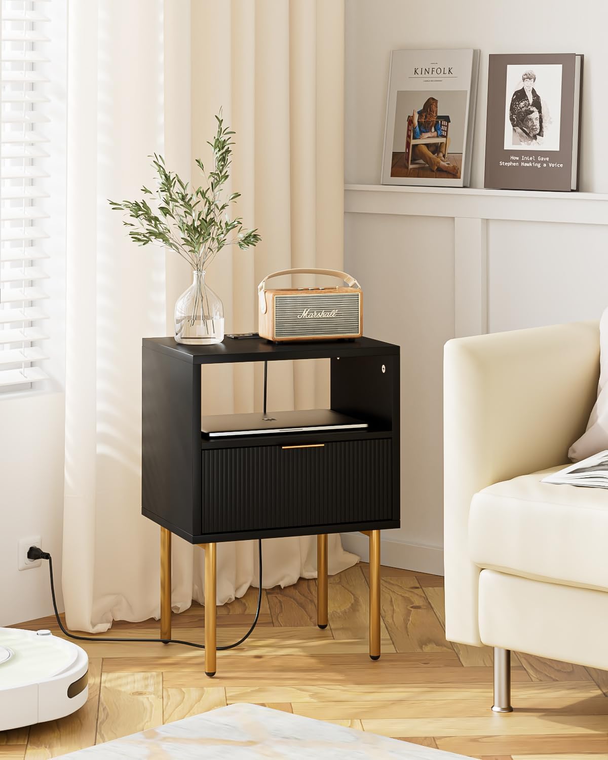 Nightstand,Small Bedside Table with Gold Frame,Morden Night Stand with 2 Drawer,End Table,Side Table with Drawer and Shelf for Bedroom,Living Room (Black-1Drawer-Outlet)