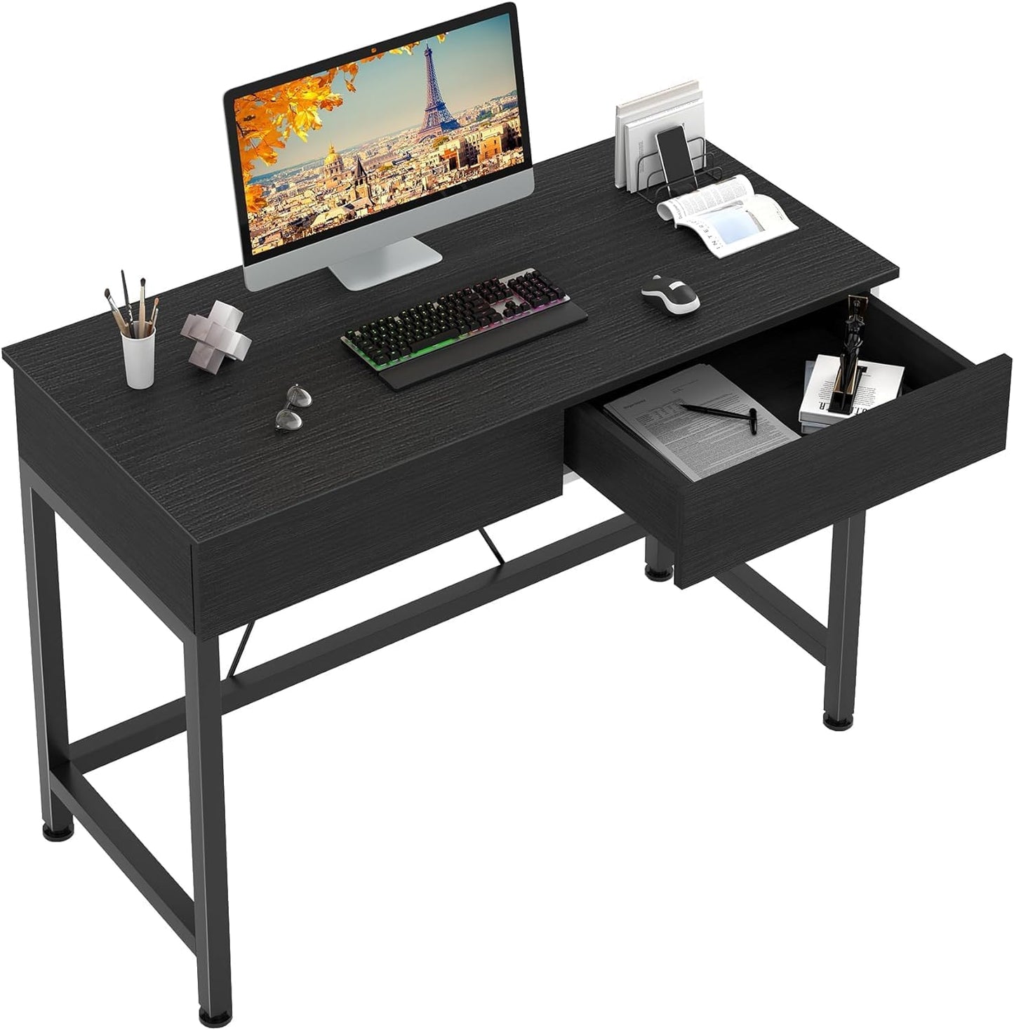 CAIYUN Small Computer Desk with Drawers, 39.4 Inch Home Office Desks with Storage, Simple Modern Kids Desk, Vanity Desk for Bedroom, Work Study Writing Desk Table for Small Spaces (Black, Wooden)