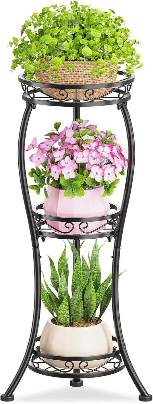 KMOTASUO 3 Tier Tall Metal Plant Stand, 33 Inch Plant Stands Indoor Outdoor, Rustproof Iron Flower Pot Holder Display Rack for Corner Patio Garden Balcony Living Room(Black)