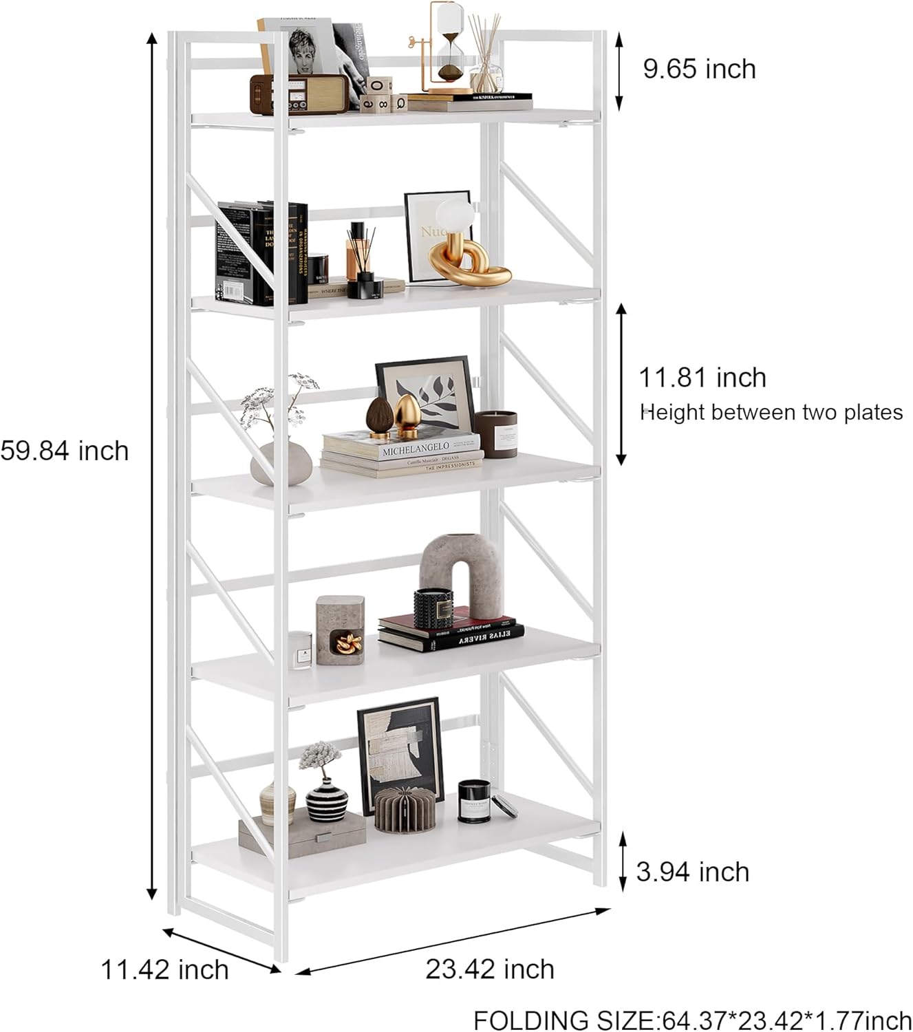 JSB No Assembly Folding Bookshelf, 5 Tier Industrial Metal Book Shelf for Storage, Vintage Wood Foldable Bookcase for Living Room, Bedroom, Office Organization Shelves