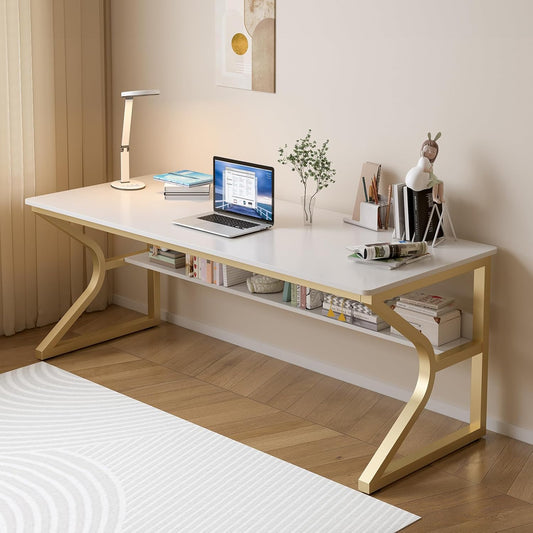 Extra Long Desk with Bookshelf - 63" Double Long Writing Table for 2-Person Workstation, Modern Study Work Computer Desk for Home and Office, Gold