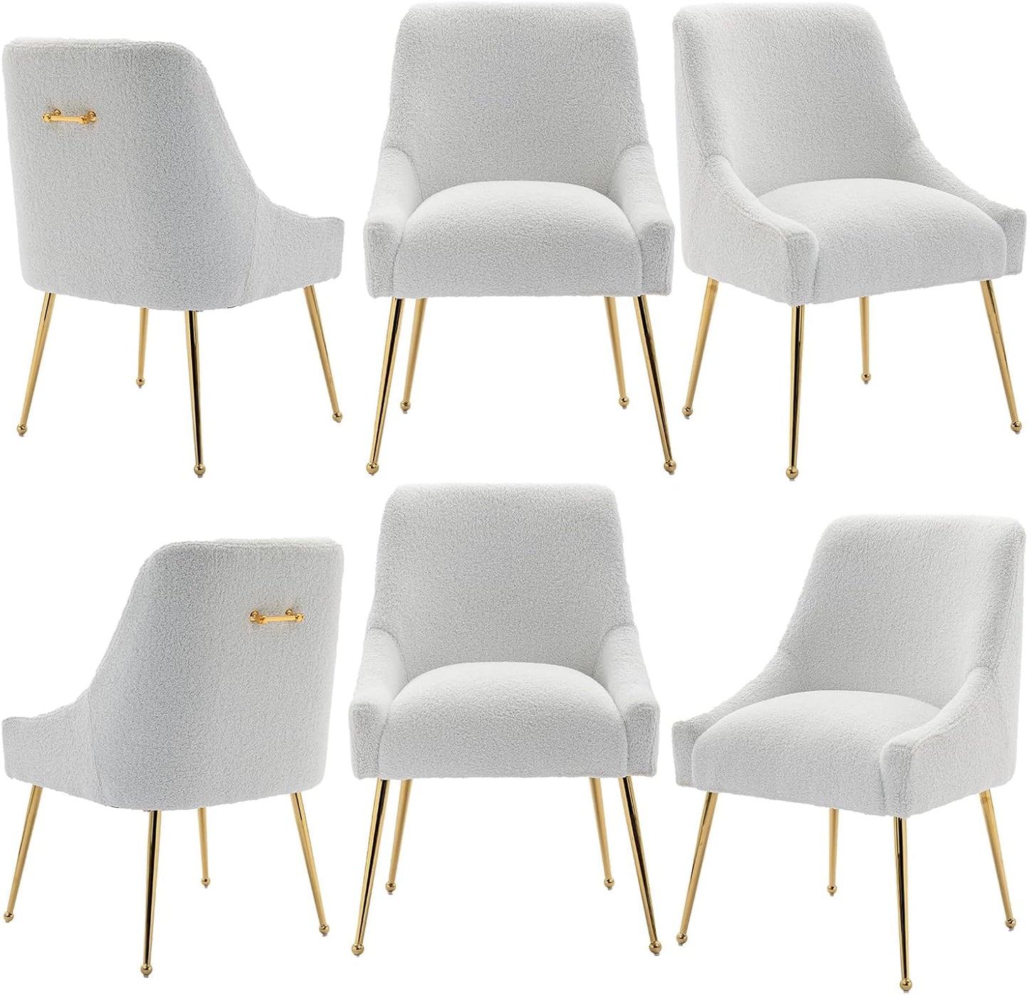 Dining Chairs Medieval Modern Restaurant Chairs, Soft Cushions, Teddy Velvet, Polished Gold Metal Legs, Kitchen Chairs, Living Room White 6-Piece Set