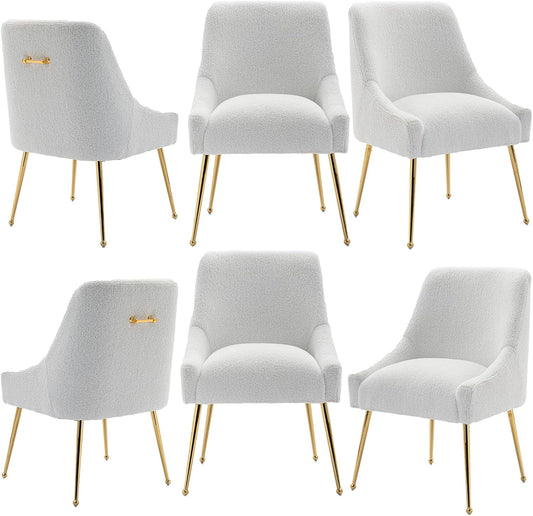 Dining Chairs Medieval Modern Restaurant Chairs, Soft Cushions, Teddy Velvet, Polished Gold Metal Legs, Kitchen Chairs, Living Room White 6-Piece Set