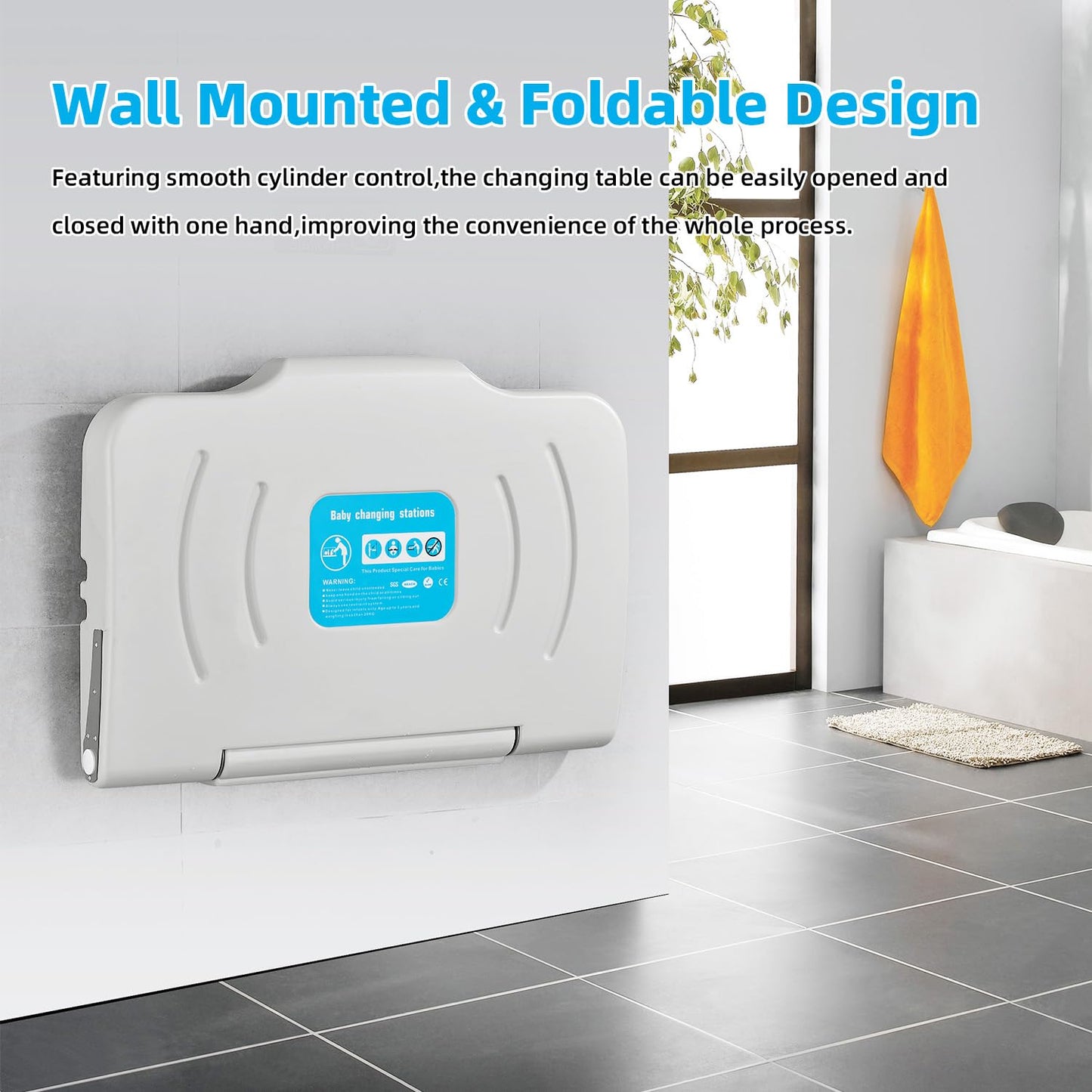 Fold-Down Baby Changing Diaper Station - Horizontal Wall Mounted, Sturdy & Durable with Safety Straps for Commercial Bathrooms(1 White Granite)