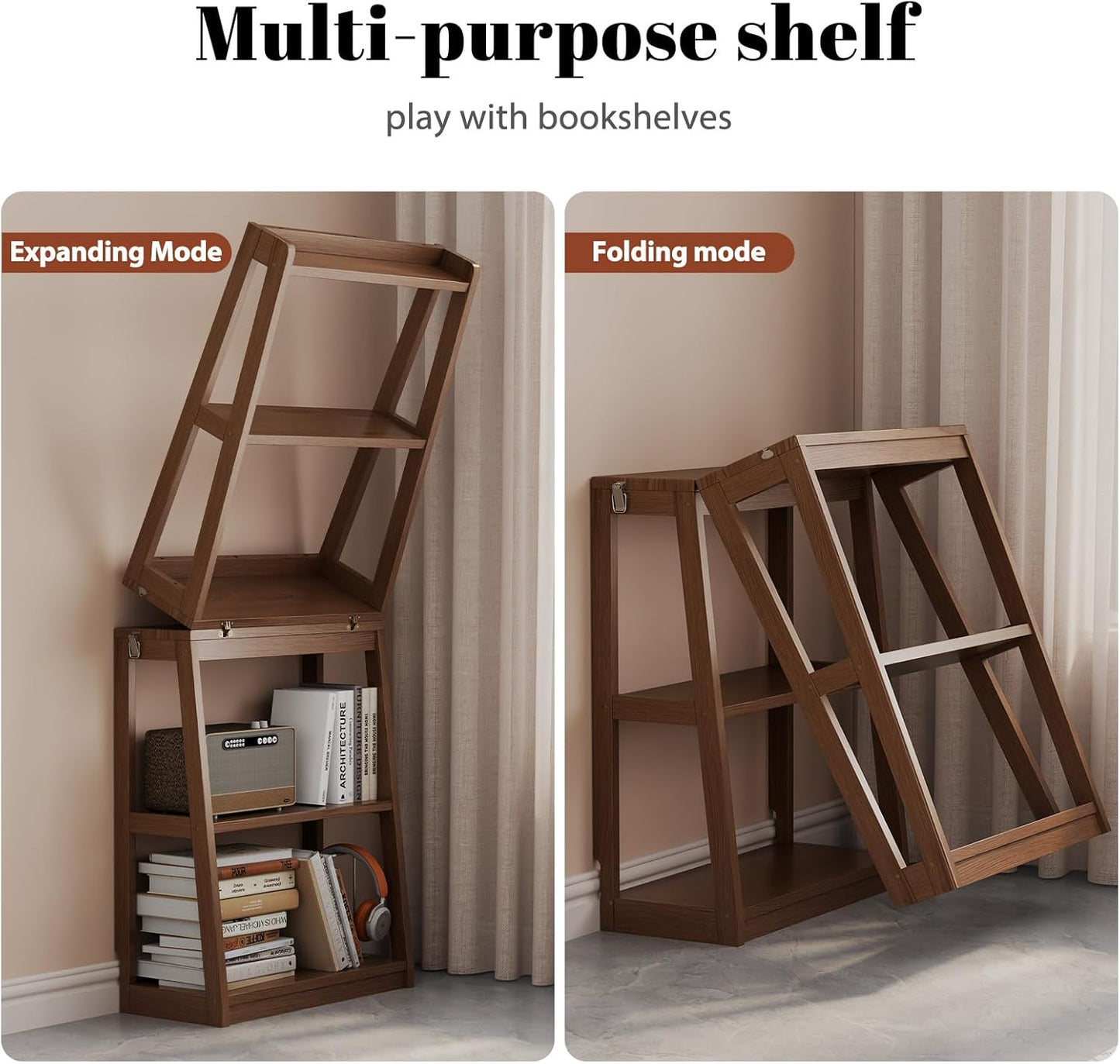 Soild Wood Ladder Book Case Organizer, 4-Tier, Modern Display Bookshelf Wood Frame,Children's Room Free Standing Organizer Storage Cabinet,for Bedroom and Office, Balcony, Walnut