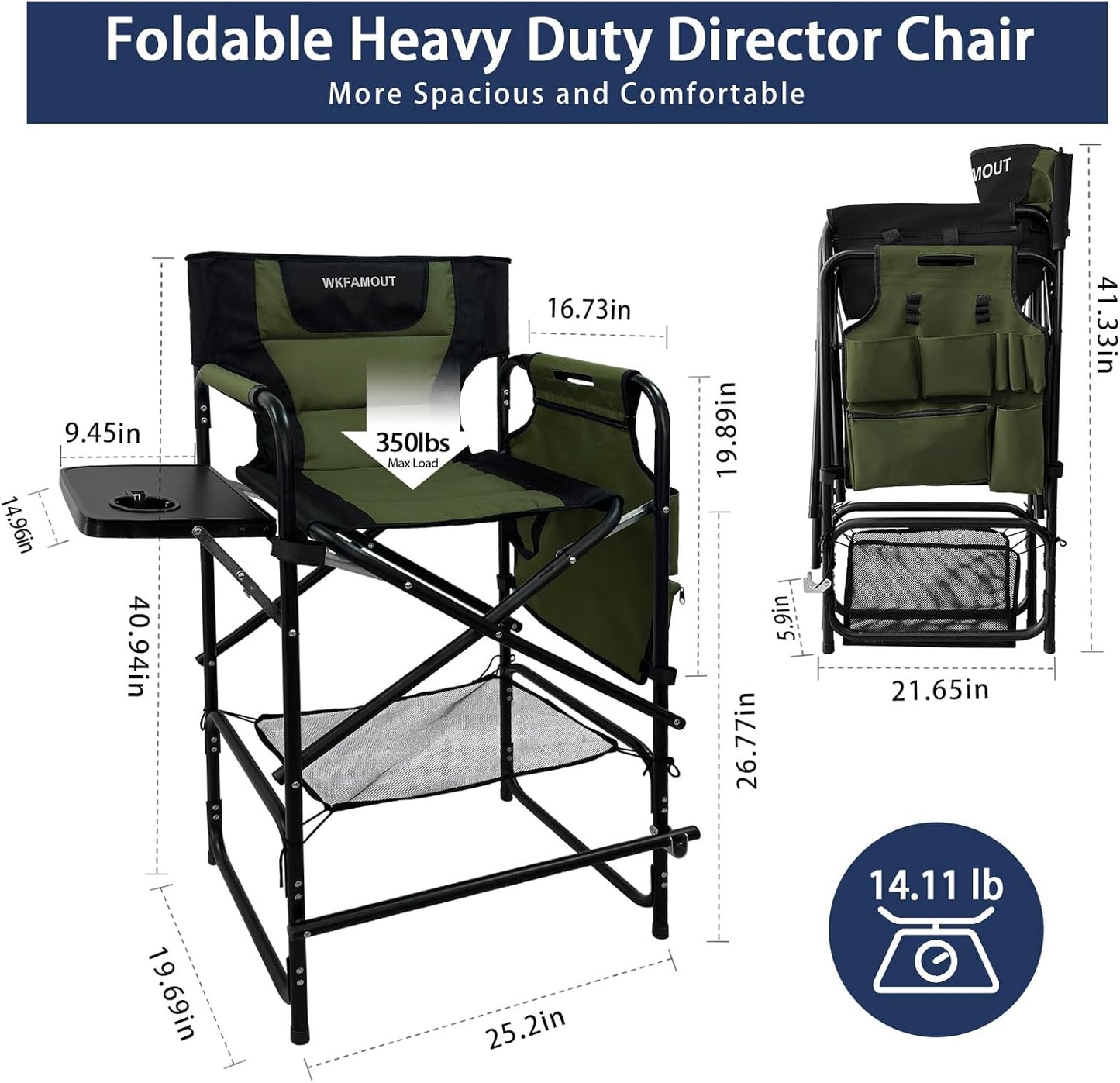 Tall Folding Directors Chair with Side Table 26.77" Seat Height Foldable Camping Chair Bar Stool for Makeup Artist Face Painting with Footrest and Storage Pocket Supports 350LBS