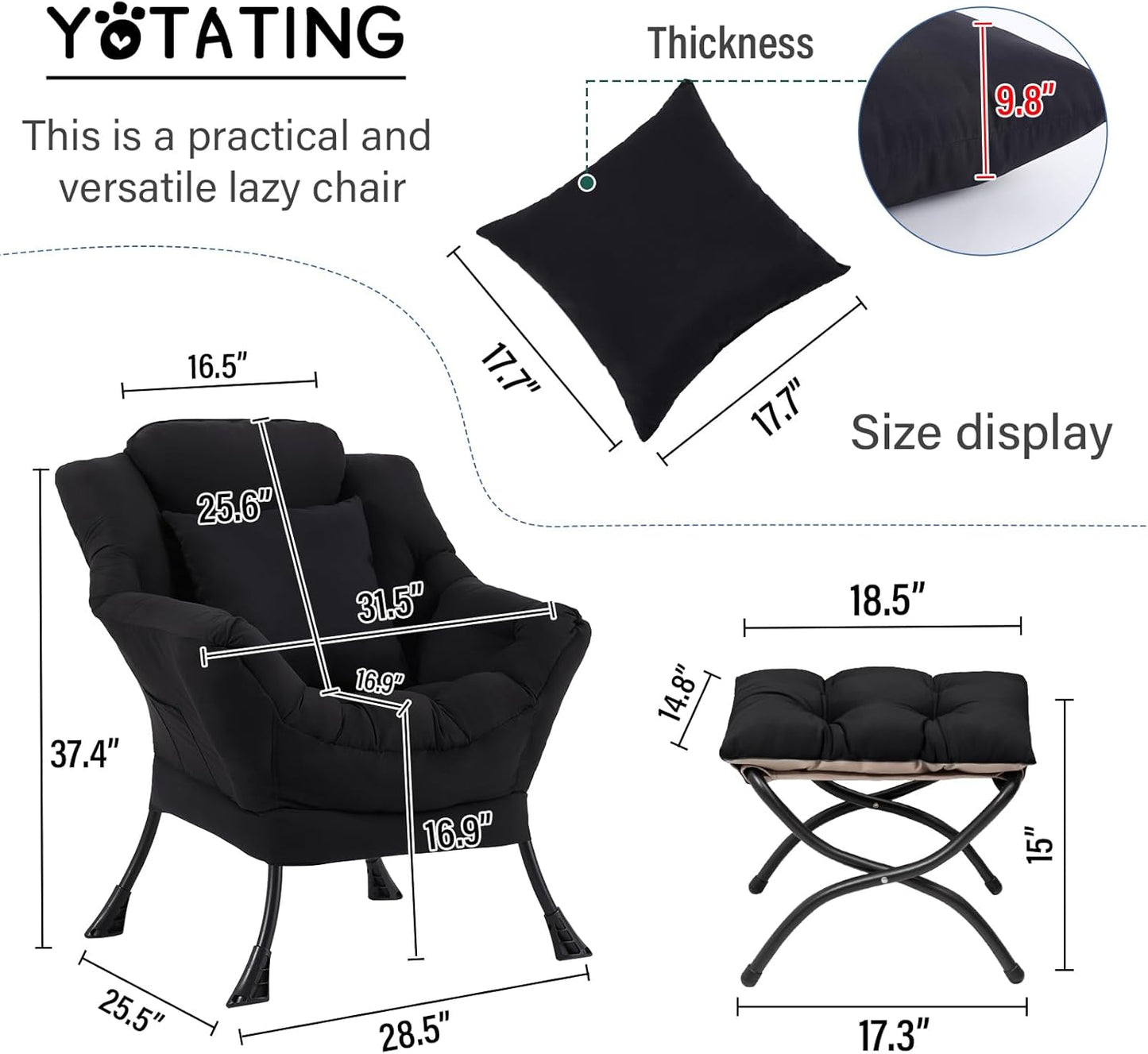 Lazy Chair with Ottoman, Comfy Reading Chair with Footstool & Pillow Modern Lounge Chair with Armrests & Side Pocket for Living Room, Bedroom, Dorm Room，Black
