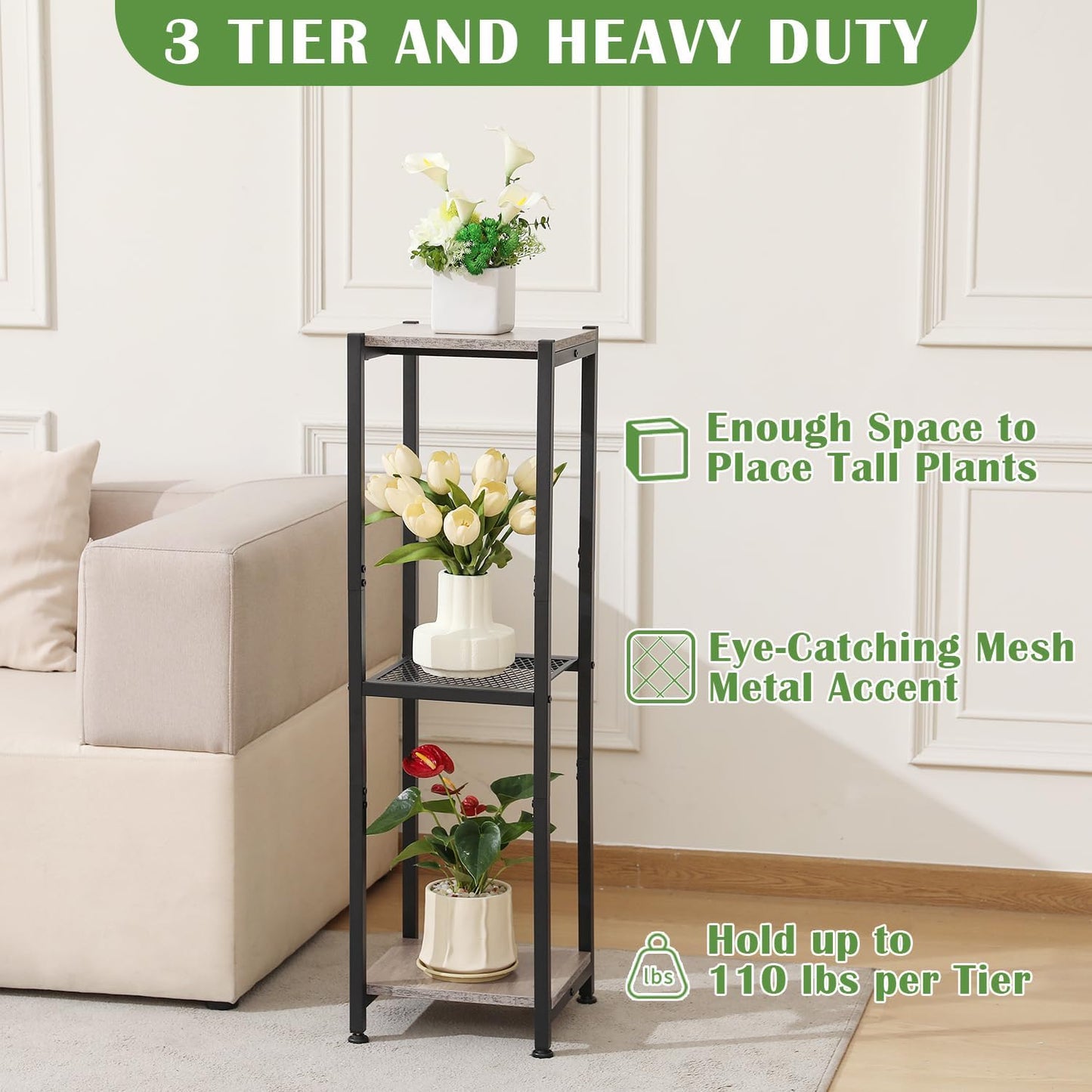 Extra Tall Plant Stand Indoor,40 Inch Plant Stands,3 Tier Metal Plant Stand with Heavy Duty Wood and Metal Mesh Shelf,Greige and Black