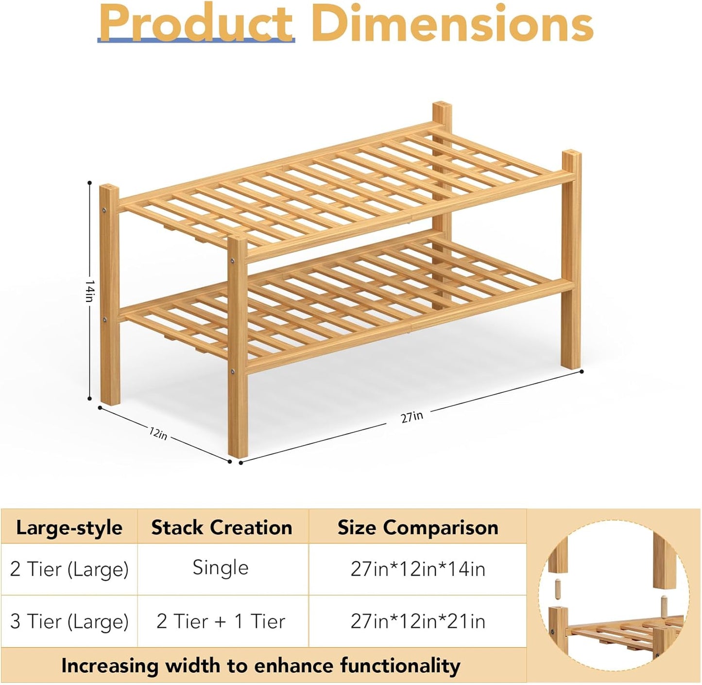 Haddockway Large 2 Tier Bamboo Shoe Rack Storage Organizer,Multifunctional Free Standing Stackable Shoe Shelf with Grid Panel for Closet,Hallway,Entryway,Small Space 27"x12"x14"(Natural, 2-Tier Large)