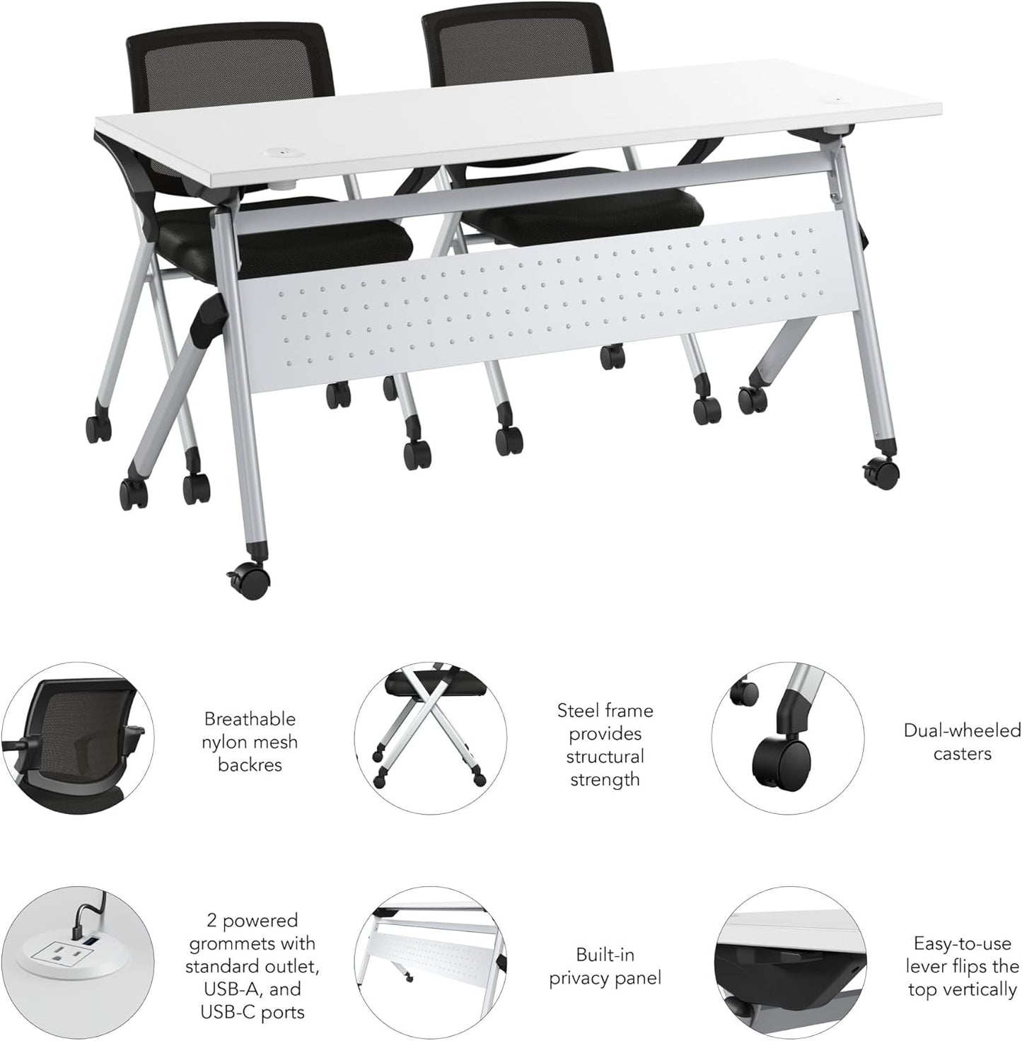 Bush Business Furniture Folding Training Table Set for 2, 60 inch Desk with Powered Grommets and 2 Chairs with Arms, Commercial-Grade Bundle for Office or Classroom, Envision Collection, White