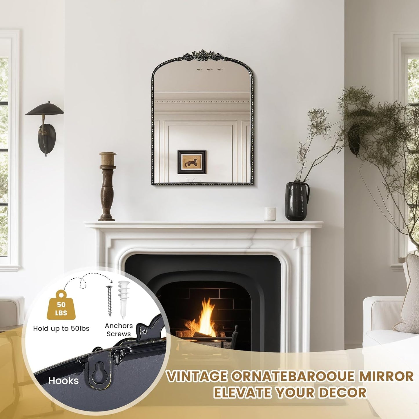 WallBeyond Gold Vintage Arched Wall Mirror, 24x32 Inch, Black Iron Frame, Bathroom, Living Room, Entryway