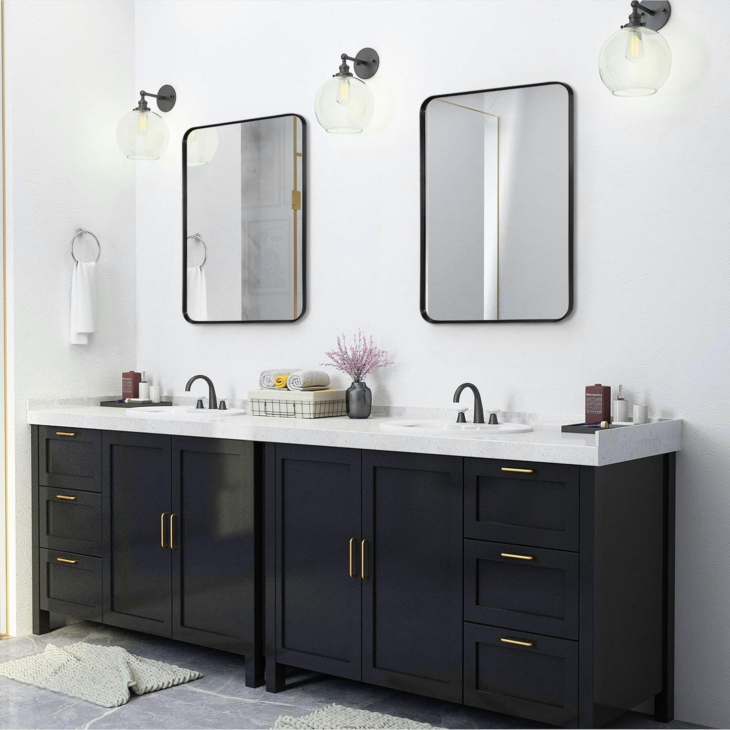 Wall Mount Mirror for Bathroom, Brushed Black Metal Framed Rounded Corner Rectangular Vanity Mirror (24" x 30", Black)