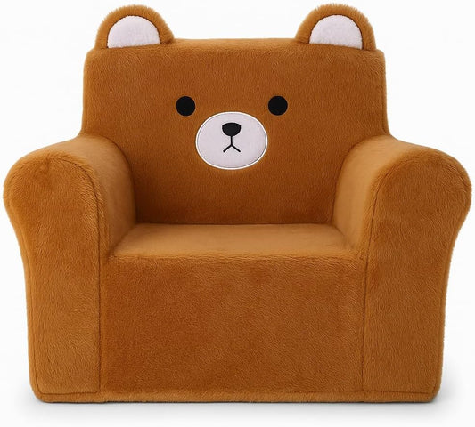 Cute Animal Toddler Foam Chair, Soft Faux Rabbit Fur, Comfy Toddler Lounge Chair and Couch with Arms, Removable Washable Cover, Kids Reading, Relaxing, for Playroom, Bedroom, Ages 1-3, Bear